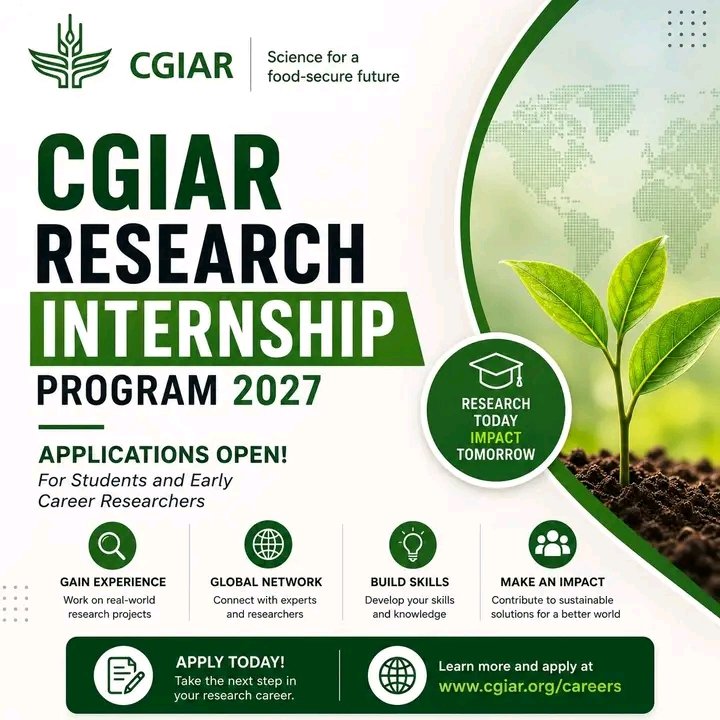 AdemilsonAt's tweet photo. CGIAR Research Internship Program 2027 Applications Open for Students and Early Career Researchers
https://t.co/l4FVSjQFnN
The CGIAR Research Internship Program 2027 is accepting applications from students and early-career researchers interested in advancing agricultural research and sustainable development.

✔️ Internship opportunities in agriculture, climate change, food security, data science, environmental science, biotechnology, and sustainable development
✔️ Open to undergraduate students, graduate students, and early-career researchers worldwide
✔️ Gain hands-on research experience with leading scientists on global development projects
✔️ Receive mentorship, professional development, and international research exposure

A prestigious opportunity to build your research career while contributing to innovative solutions for global food security and sustainable agriculture.

#CGIAR #ResearchInternship #Agriculture #FoodSecurity #ClimateChange #Students #ApplyNow