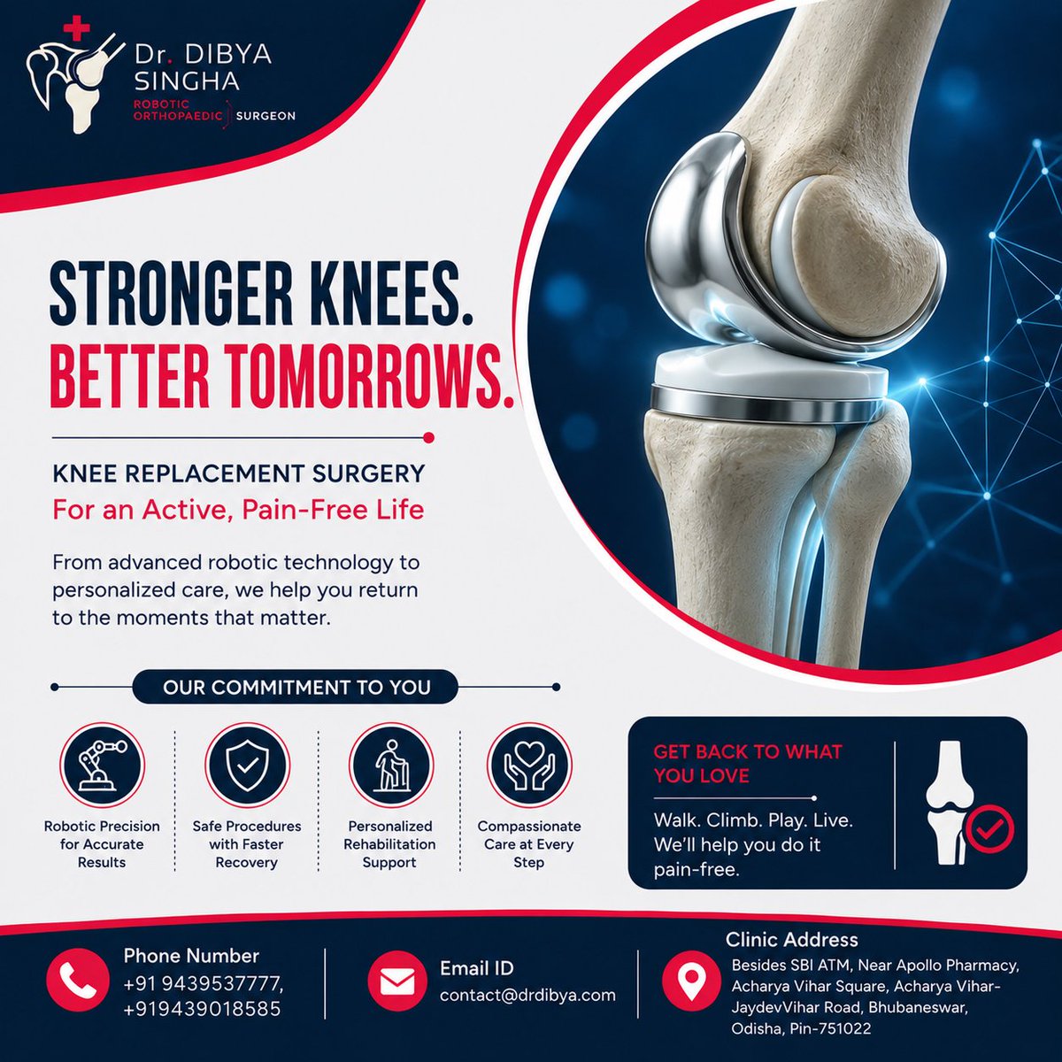 dr_dibyasingha's tweet photo. 🦵 Take a Step Towards a Pain-Free, Active Life!

Living with persistent knee pain can make even simple daily activities difficult. Knee Replacement Surgery can help reduce pain, restore mobility, improve joint function, and help you return to a more active lifestyle.

With advanced orthopedic care and modern surgical techniques, Dr. Dibya Singha, Robotic Orthopaedic Surgeon, provides personalized treatment focused on precision, recovery, and better mobility.

📞 Phone: +91 9439537777, +91 9439018585
📧 Email: contact@drdibya.com
📍 Clinic Address: Besides SBI ATM, Near Apollo Pharmacy, Acharya Vihar Square, Acharya Vihar-Jaydev Vihar Road, Bhubaneswar, Odisha, Pin-751022

🌐 Website: https://t.co/D3JV7VVsil⁠

Take the first step towards stronger knees and greater freedom of movement.

#KneeReplacement #KneeReplacementSurgery #RoboticKneeReplacement #KneePain #KneePainTreatment #JointReplacement #JointReplacementSurgery #OrthopaedicSurgeon #OrthopedicDoctor #RoboticOrthopaedicSurgeon #DrDibyaSingha #OrthopaedicDoctorBhubaneswar #OrthopaedicSurgeonBhubaneswar #KneeSpecialistBhubaneswar #Bhubaneswar #Odisha #AcharyaVihar #JointPain #Mobility #HealthyKnees