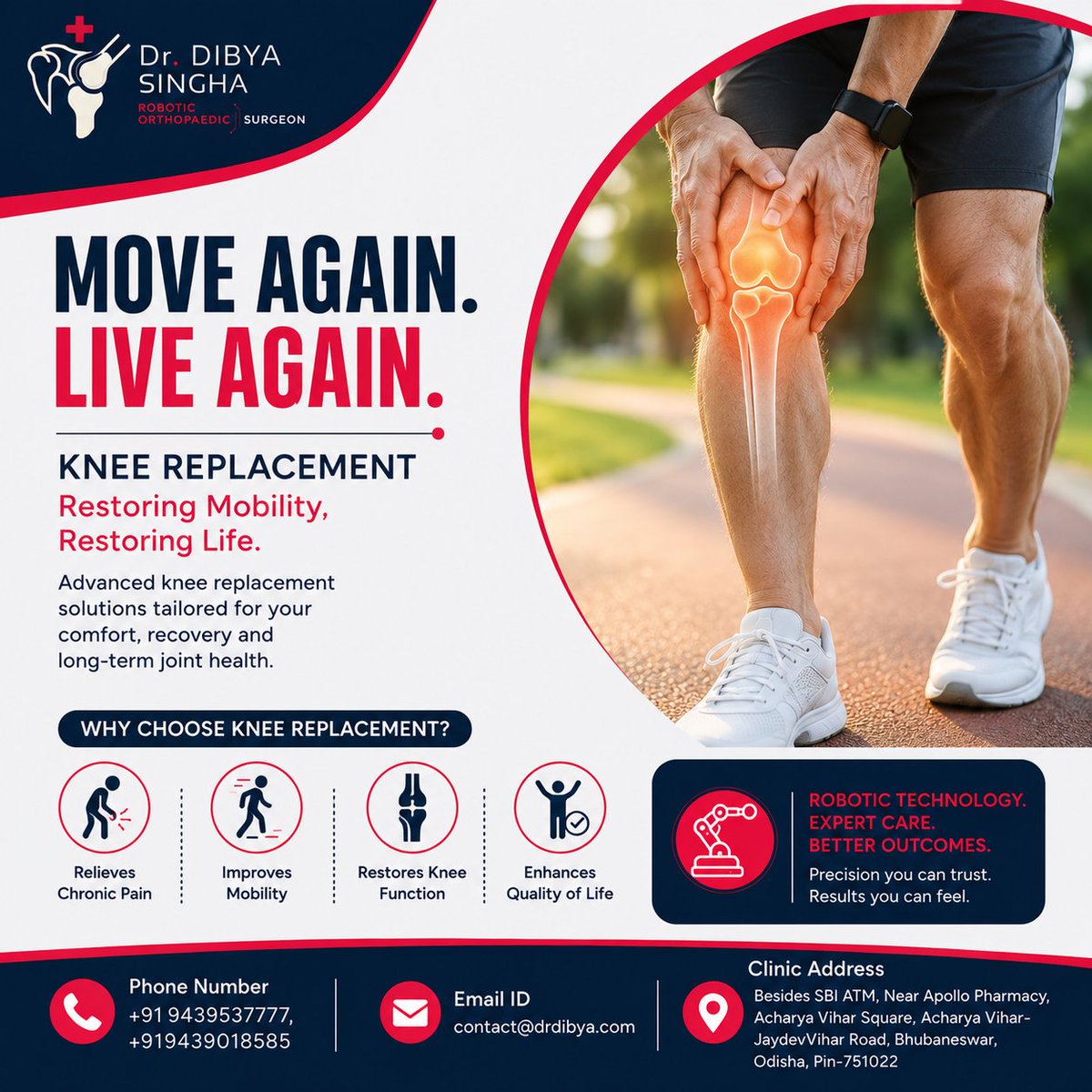 dr_dibyasingha's tweet photo. 🦵 Take a Step Towards a Pain-Free, Active Life!

Living with persistent knee pain can make even simple daily activities difficult. Knee Replacement Surgery can help reduce pain, restore mobility, improve joint function, and help you return to a more active lifestyle.

With advanced orthopedic care and modern surgical techniques, Dr. Dibya Singha, Robotic Orthopaedic Surgeon, provides personalized treatment focused on precision, recovery, and better mobility.

📞 Phone: +91 9439537777, +91 9439018585
📧 Email: contact@drdibya.com
📍 Clinic Address: Besides SBI ATM, Near Apollo Pharmacy, Acharya Vihar Square, Acharya Vihar-Jaydev Vihar Road, Bhubaneswar, Odisha, Pin-751022

🌐 Website: https://t.co/D3JV7VVsil⁠

Take the first step towards stronger knees and greater freedom of movement.

#KneeReplacement #KneeReplacementSurgery #RoboticKneeReplacement #KneePain #KneePainTreatment #JointReplacement #JointReplacementSurgery #OrthopaedicSurgeon #OrthopedicDoctor #RoboticOrthopaedicSurgeon #DrDibyaSingha #OrthopaedicDoctorBhubaneswar #OrthopaedicSurgeonBhubaneswar #KneeSpecialistBhubaneswar #Bhubaneswar #Odisha #AcharyaVihar #JointPain #Mobility #HealthyKnees
