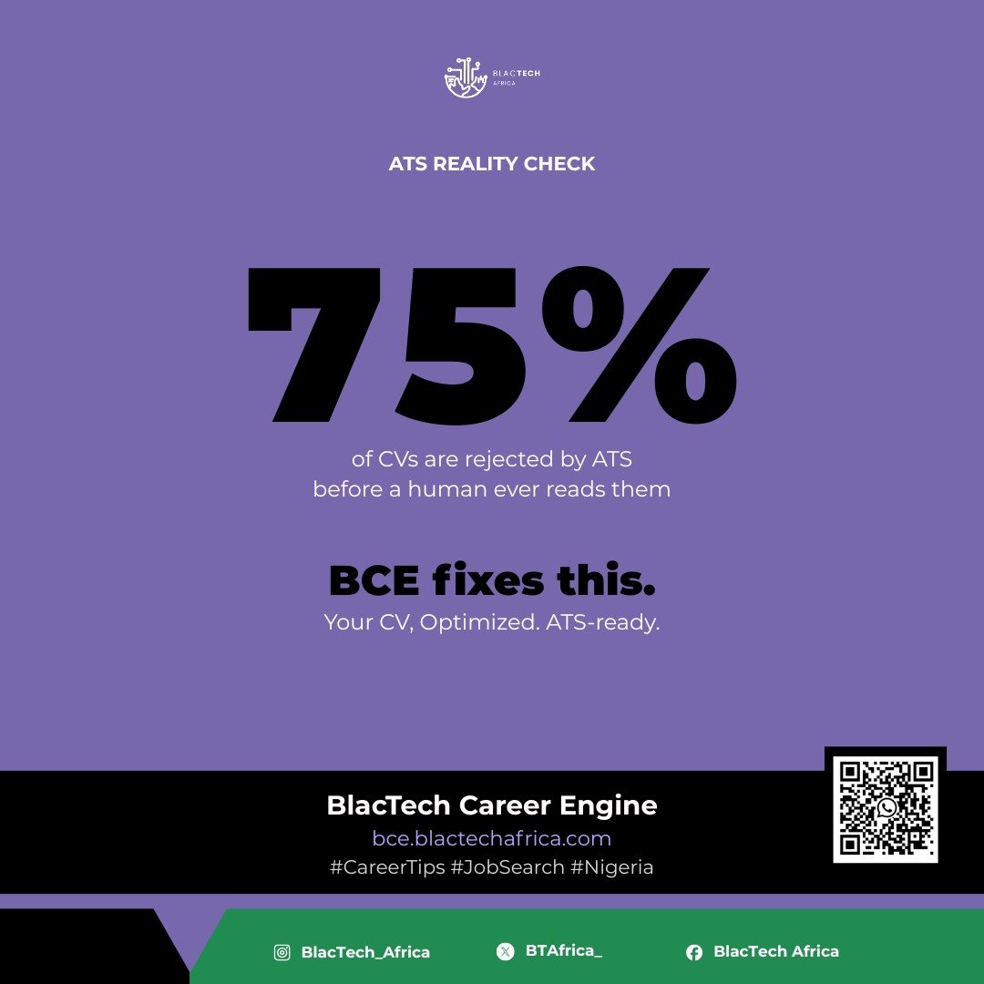 _MagicNirvana's tweet photo. Most companies use ATS software to filter CVs before a human ever sees them.
75% of CVs are rejected by ATS before reaching a recruiter.

BCE fixes this. Free right now
👉 https://t.co/rLuyn8e84x

RT if you know someone job hunting
#CareerTips #JobSearch #Nigeria https://t.co/FC9G5ldlhV