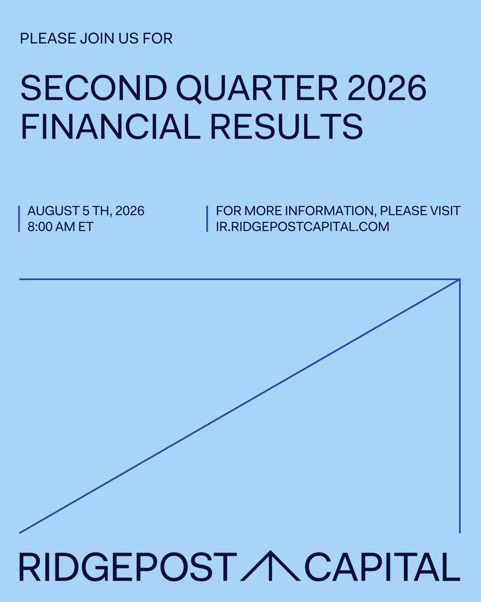 RidgepostCap's tweet photo. Ridgepost Capital will release financial results for the second quarter 2026 before the market open on Wednesday, August 5, 2026, and host a conference call at 8:00 a.m. Eastern Time.

To access the webcast, click here: https://t.co/cH2jxYiFSd
#Earnings https://t.co/FLMPatePpz