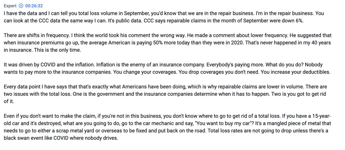 Speedwell_LLC's tweet photo. Former VP at GEICO on how lower frequency is impacting $CPRT

"When insurance premiums go up, the average American is paying 50% more today than they were in 2020.

That's never happened in my 40 years in insurance."

@AlphaSenseInc https://t.co/bXmjuROr1r