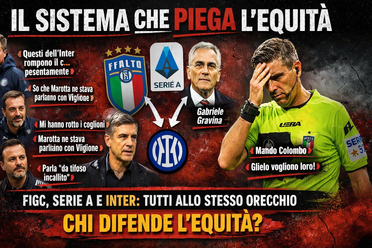 QuotidianoBN's tweet photo. ⚠️ “Il Sistema che Piega l’Equità”
🧨Il SISTEMA CHE SI AUTODEFINISCE

⚡ Un designatore sotto pressione.
⚡ Dirigenti FIGC e Serie A che intervengono come tifosi.
⚡ Un club che detta preferenze sugli arbitri.
🔎 Il quadro che emerge dalle carte dei PM è uno solo: la neutralità arbitrale è stata trattata come un optional.

🟥 Schenone (Inter)
«Questi dell’Inter rompono il c… pesantemente», dice Rocchi.
E Pinzani aggiunge: «Schenone m’ha detto: “So che Marotta ne stava parlando con Viglione”».
🟥 Viglione (FIGC)
Il capo dell’Ufficio Legislativo FIGC, interista dichiarato, compare nelle conversazioni:
«Mi hanno chiamato, mi hanno rotto i coglioni», riferisce Rocchi.
E ancora: «Marotta ne stava parlando con Viglione».
🟥 Butti (Serie A)
Il responsabile delle competizioni che parla “da tifoso incallito”, secondo Rocchi.
Un dirigente della Lega che commenta le designazioni come se fosse al bar.
🟥 Gravina (ex FIGC)
Nelle carte della Procura: «Agendo per effetto dei rapporti preferenziali con Gravina».
Il presidente della Federazione citato nei passaggi chiave delle pressioni.
🟥 Rocchi (designatore)
Il punto di caduta:
«Mi hanno chiamato, mi hanno rotto i coglioni».
«Loro vorrebbero Colombo perché gli garba un mondo».
«Col Bologna ci tengono. Mando Colombo».

🔥 Conclusione 
Quando Inter, FIGC e Serie A parlano allo stesso orecchio, il risultato è semplice:
la linea dell’equità si spezza.
Un sistema che dovrebbe garantire imparzialità…
…che invece si muove come una tifoseria organizzata.
❗️La domanda non è più se ci siano state pressioni.
❓️La domanda è: chi difende l’equità quando chi dovrebbe farlo la piega❓
