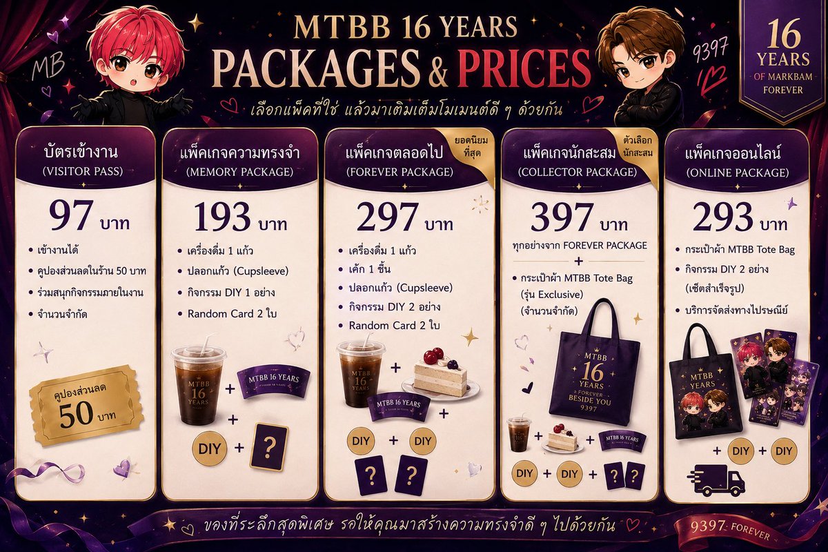 gozziplady2530's tweet photo. 💜❤️ MTBB 16 YEARS 💜❤️
A Journey of Memories
Forever Beside You

16 ปีของความทรงจำ กำลังจะถูกบันทึกอีกครั้ง…
และเราอยากชวนทุกคนมาเป็นส่วนหนึ่งของวันพิเศษนี้ ✨

ภายในงานเตรียมไว้ครบทุกโซน
📍 เดินย้อน Timeline ตลอด 16 ปี
🌳 เขียนข้อความบน Memory Tree
🖼️ ชม Album & Gallery
📸 ถ่ายรูปที่ Photobooth
🎨 สนุกกับ DIY Workshop
🎁 ลุ้นของรางวัลจาก Gachapon ทุกลูกมีรางวัล!

พร้อมเครื่องดื่ม เค้ก และของที่ระลึกสุดพิเศษที่เตรียมไว้สำหรับทุกคน 💜❤️

✨ เปิดลงทะเบียนแล้ววันนี้

https://t.co/OH89gLN5Zu

เลือกแพ็กเกจที่ใช่ แล้วมาสร้างความทรงจำบทใหม่ไปด้วยกัน

🎟 Visitor Pass เริ่มต้นเพียง 97 บาท
🎁 Gachapon 39 บาท / 3 ครั้ง 100 บาท

📍 Meetup Mingle Cafe & Game
🗓️ 16 สิงหาคม 2569
⏰ 10.00 - 20.00 น.

แล้วพบกันนะ…
Forever Beside You. 💜❤️

#MTBB16Years #MTBB #MarkBam #ForeverBesideYou