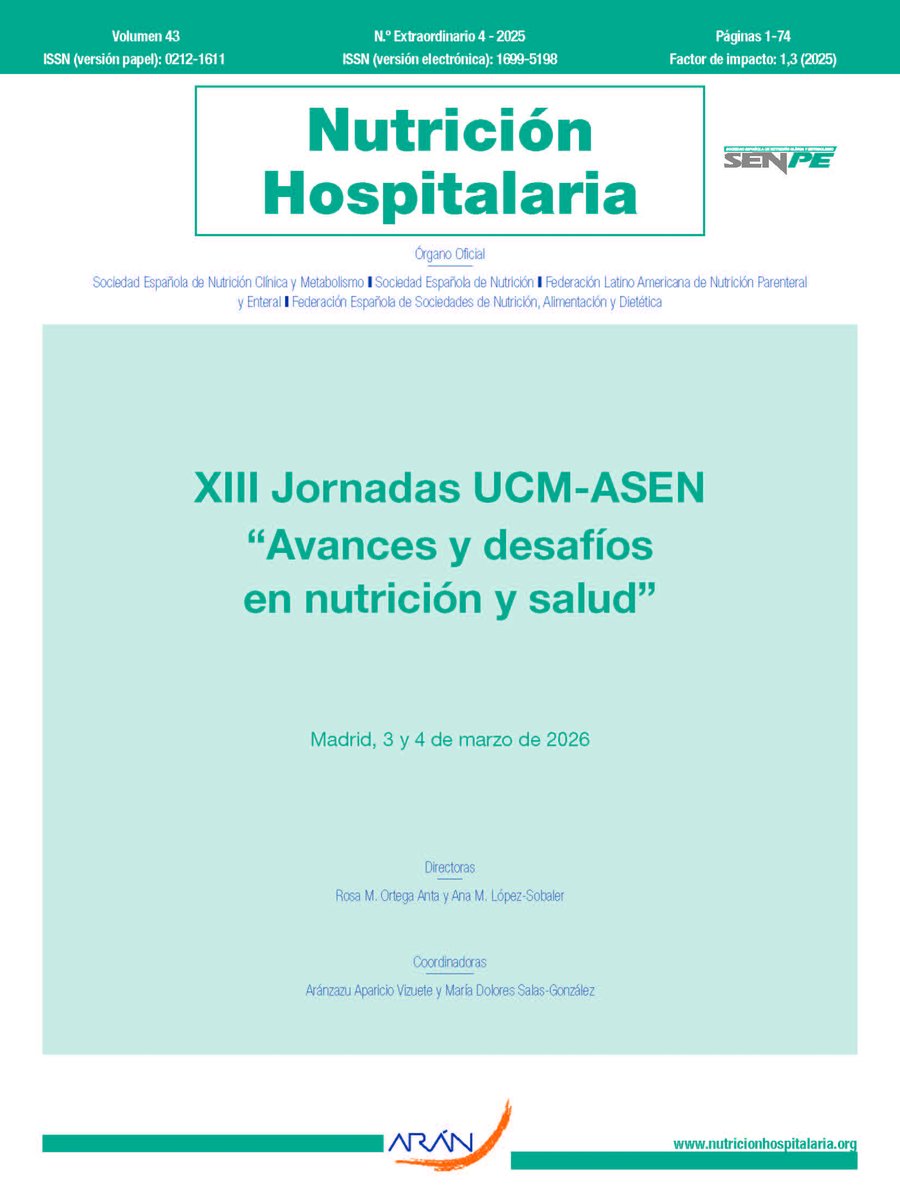 SENPE_'s tweet photo. 📢Nuevo suplemento extraordinario de la revista #NutriciónHospitalaria: XIII JORNADAS UCM-ASEN. AVANCES Y DESAFÍOS EN NUTRICIÓN Y SALUD.

🔗https://t.co/5s0fgUiw5D https://t.co/bySidslxUH