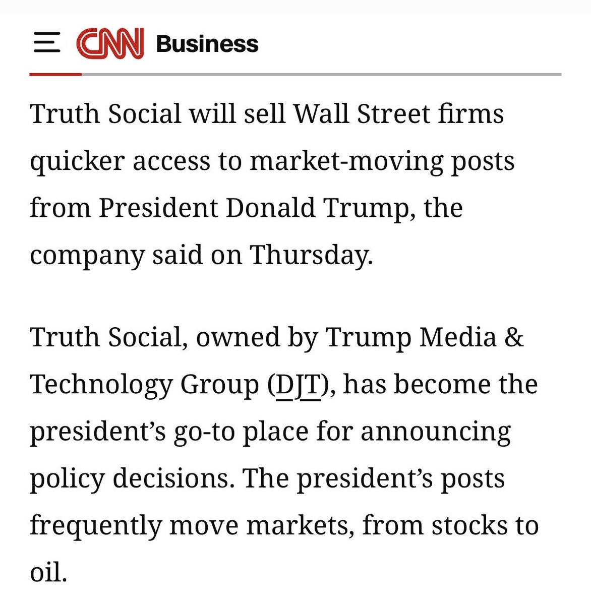 PepeBorras's tweet photo. Truth Social, la red social de Trump, comercializará con los anuncios de políticas públicas del presidente, compartiéndolos de antemano con empresas de Wall Street que paguen por este servicio. https://t.co/IN2n7rYo51