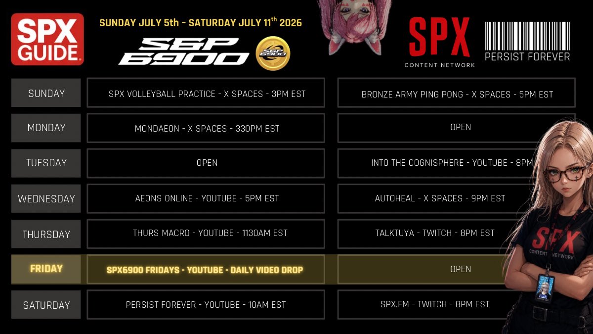 positivepaully's tweet photo. 🚨AIRING TODAY ON THE SPX CONTENT NETWORK—FRIDAY [07/17/26]🚨

SPX6900 FRIDAYS
With Host @positivepaully
YOUTUBE VIDEO DROP
https://t.co/hQJ9UT3Uec

Watch via YT Link ☝🏼
Or in the comments below 👇🏼 

— [CTRL]🌐

SPX CONTENT > STREAMING TV
#SPXGUIDE #SPXContentNetwork #SPX6900 https://t.co/iFKFbESaMc