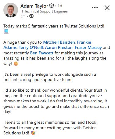 twistersolution's tweet photo. A break from TechTip Friday to celebrate Adam Taylors 5 years of service at the company. A very much valued member of the team, keep up the great work Adam! https://t.co/6VPm8kjNNM