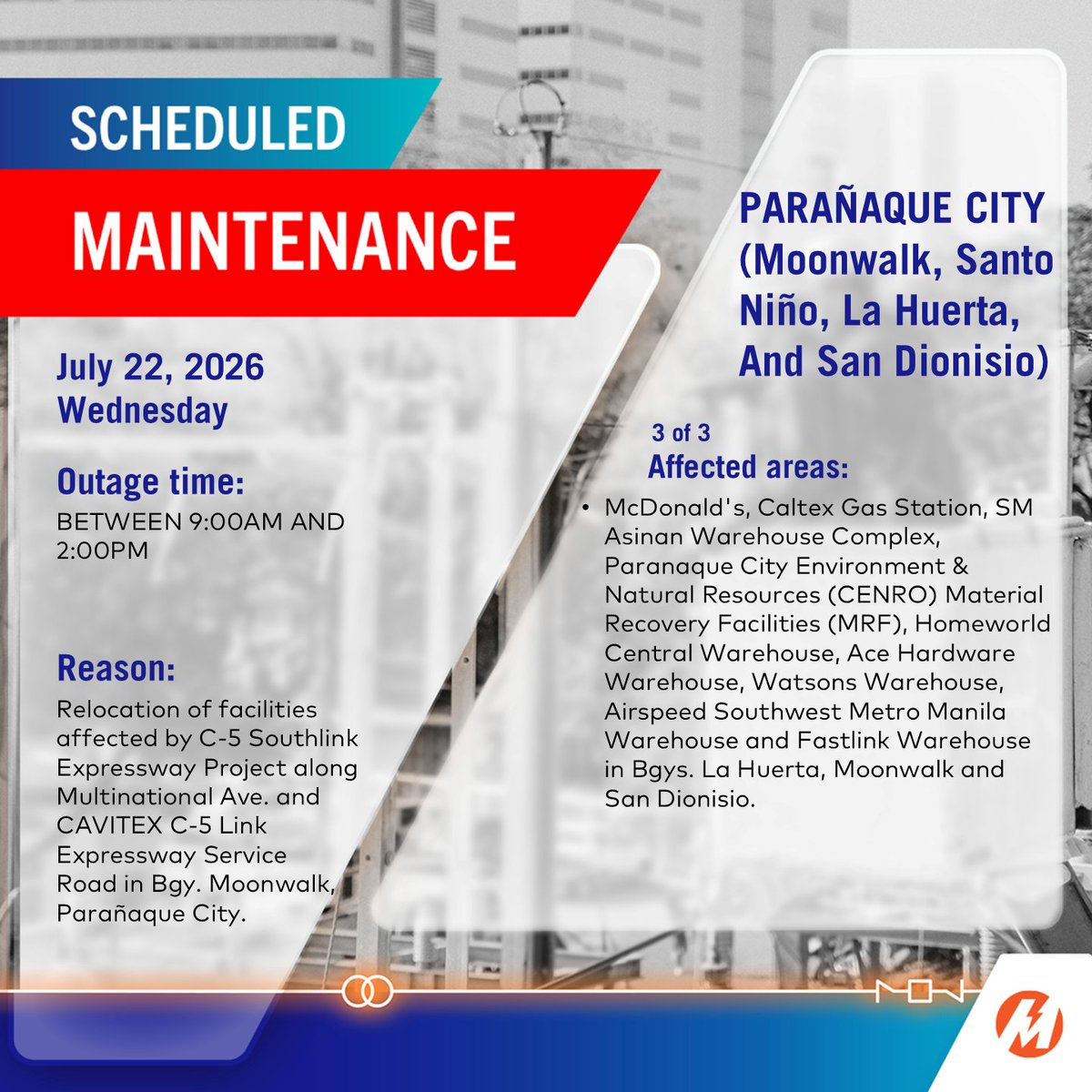 meralco's tweet photo. ADVISORY: May scheduled power interruptions sa ilang areas sa Parañaque City sa July 22, 2026. More: https://t.co/4jMvKoPt47 https://t.co/JVzw1CjJIE