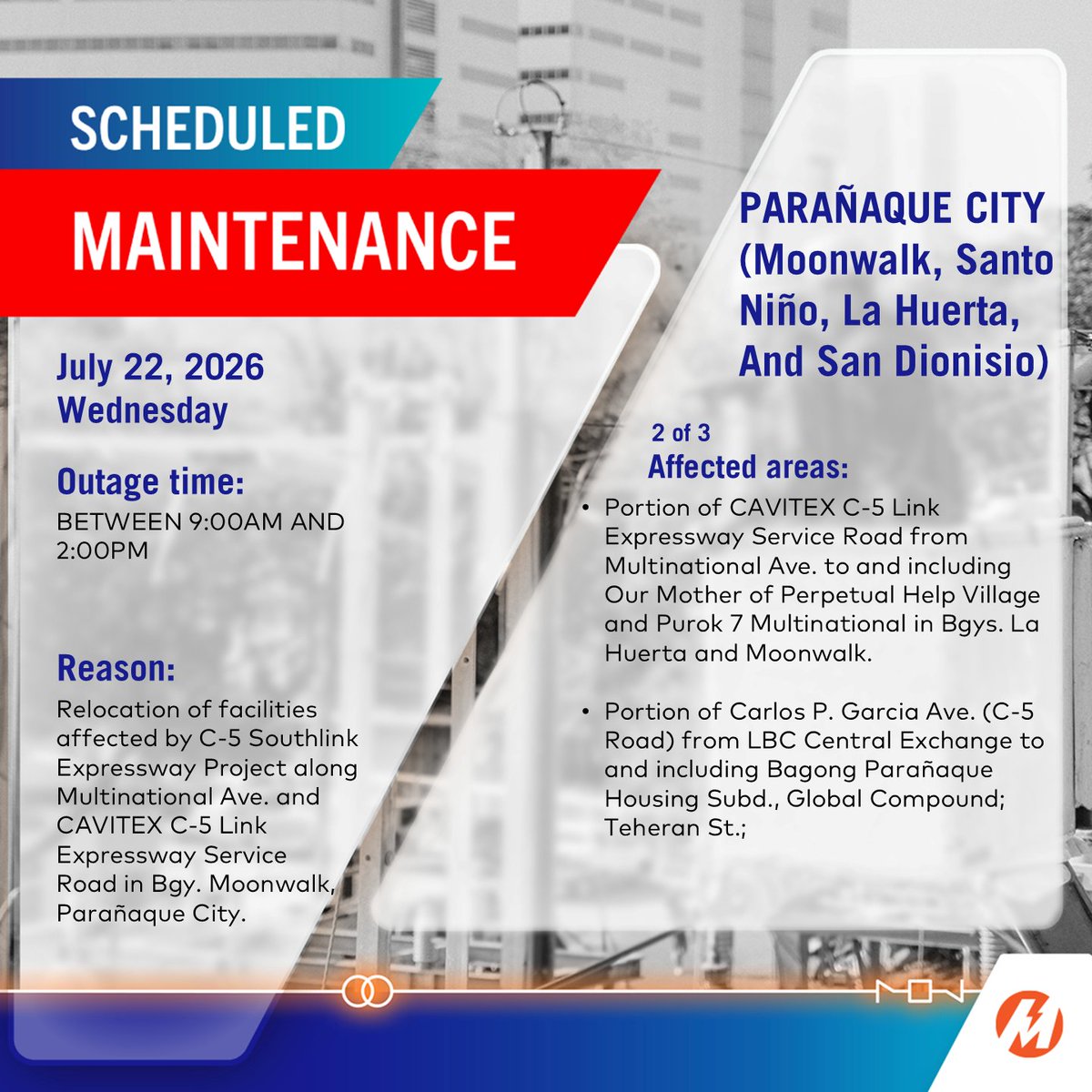 meralco's tweet photo. ADVISORY: May scheduled power interruptions sa ilang areas sa Parañaque City sa July 22, 2026. More: https://t.co/4jMvKoPt47 https://t.co/JVzw1CjJIE