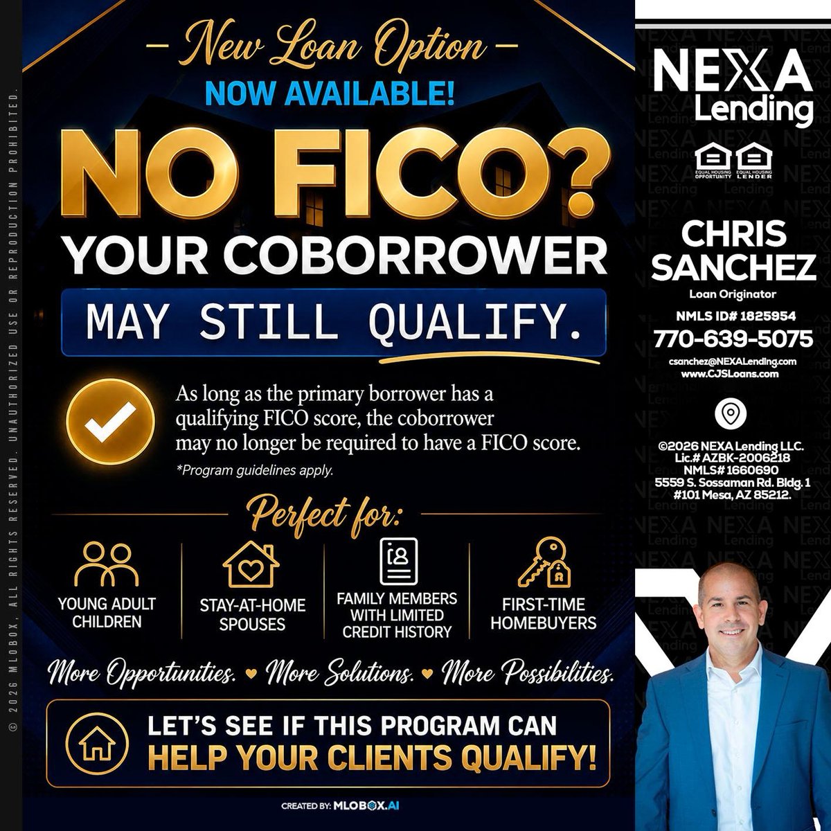 CJSloans's tweet photo. 🌟 Exciting News for Homebuyers! 🌟
Introducing our NEW loan option: NO FICO? Your coborrower may still qualify! 💰
As long as the primary borrower has a qualifying FICO score, your coborrower is not required to have one.
This option is perfect for:
👶 Young adult children
🏠 Stay-at-home spouses
👪 Family members with limited credit history
🛠️ First-time homebuyers
Unlock more opportunities, solutions, and possibilities for your clients! Let's see how we can help them qualify!
📞 Contact Chris Sanchez at 770-639-5075 for more details!
#NexaLending #HomeLoans #MortgageOptions #FinancialFreedom

 📧 csanchez@nexalending.com

 📞 7706395075