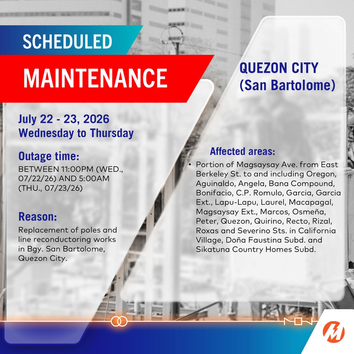 meralco's tweet photo. ADVISORY: May scheduled power interruptions sa ilang areas sa Quezon City sa July 22-23, 2026. More: https://t.co/4jMvKoPt47 https://t.co/GUeXofPNB0