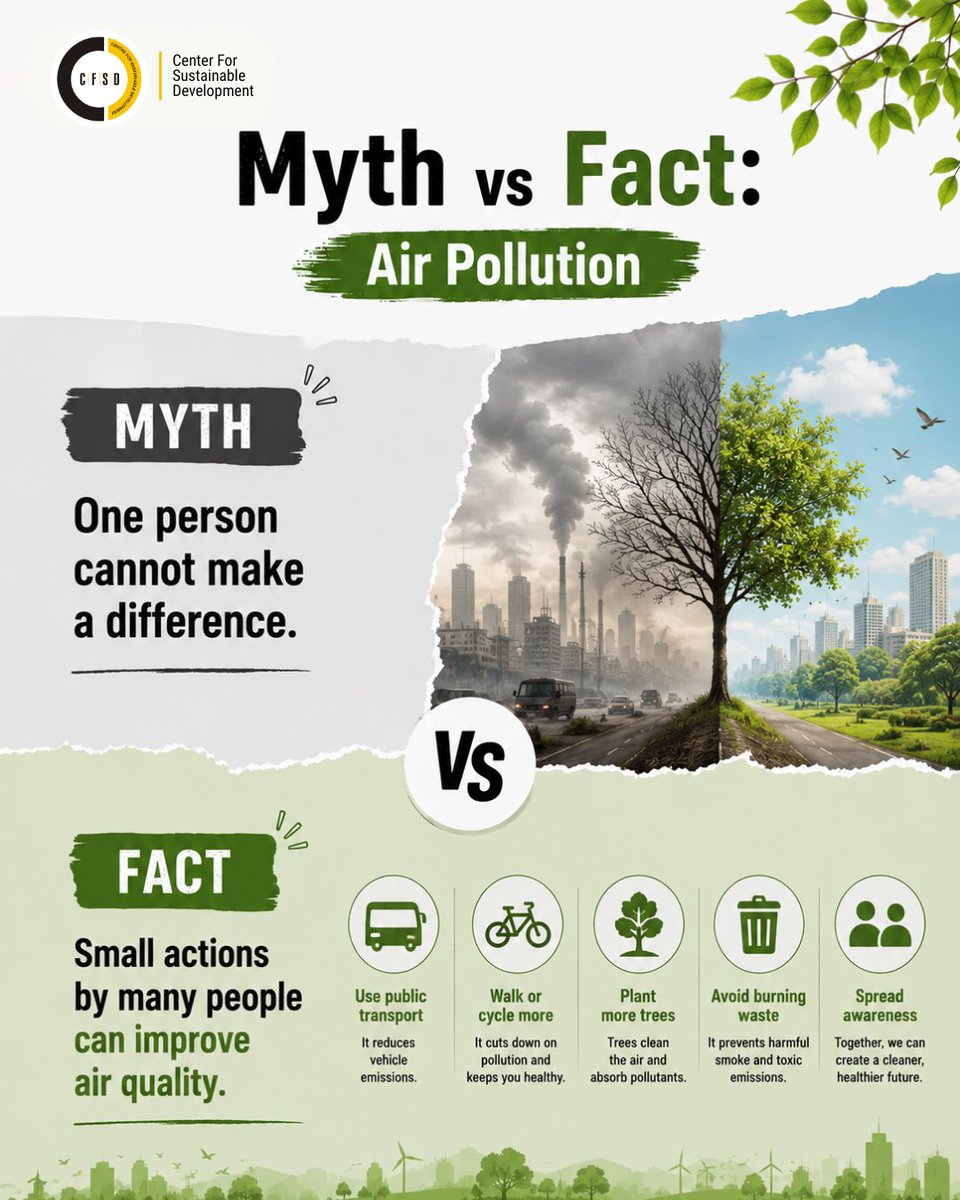 cfsdnagpur's tweet photo. Myths about air pollution can stop us from taking the right actions, but facts help us make informed choices.
#AirPollution #CleanAir #NationalCleanAirProgramme #NCAP #EnvironmentalAwareness #ClimateAction #SustainableLiving #PublicHealth #CleanEnvironment #AirQuality https://t.co/kNsKVmv5Tl