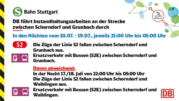 SBahn_Stuttgart's tweet photo. 🚧#Drandenken🚧
In der Nacht von 17./18.07. führt die DB zwischen #Schorndorf und #Waiblingen Instandhaltungsarbeiten durch.
Die Züge der Linie #S2 fallen zwischen #Schorndorf und #Waiblingen aus.
Details, auch zum #Ersatzverkehr mit Bussen #S2E 👉https://t.co/zJL6ogeMMI https://t.co/Mq4od6xhIz