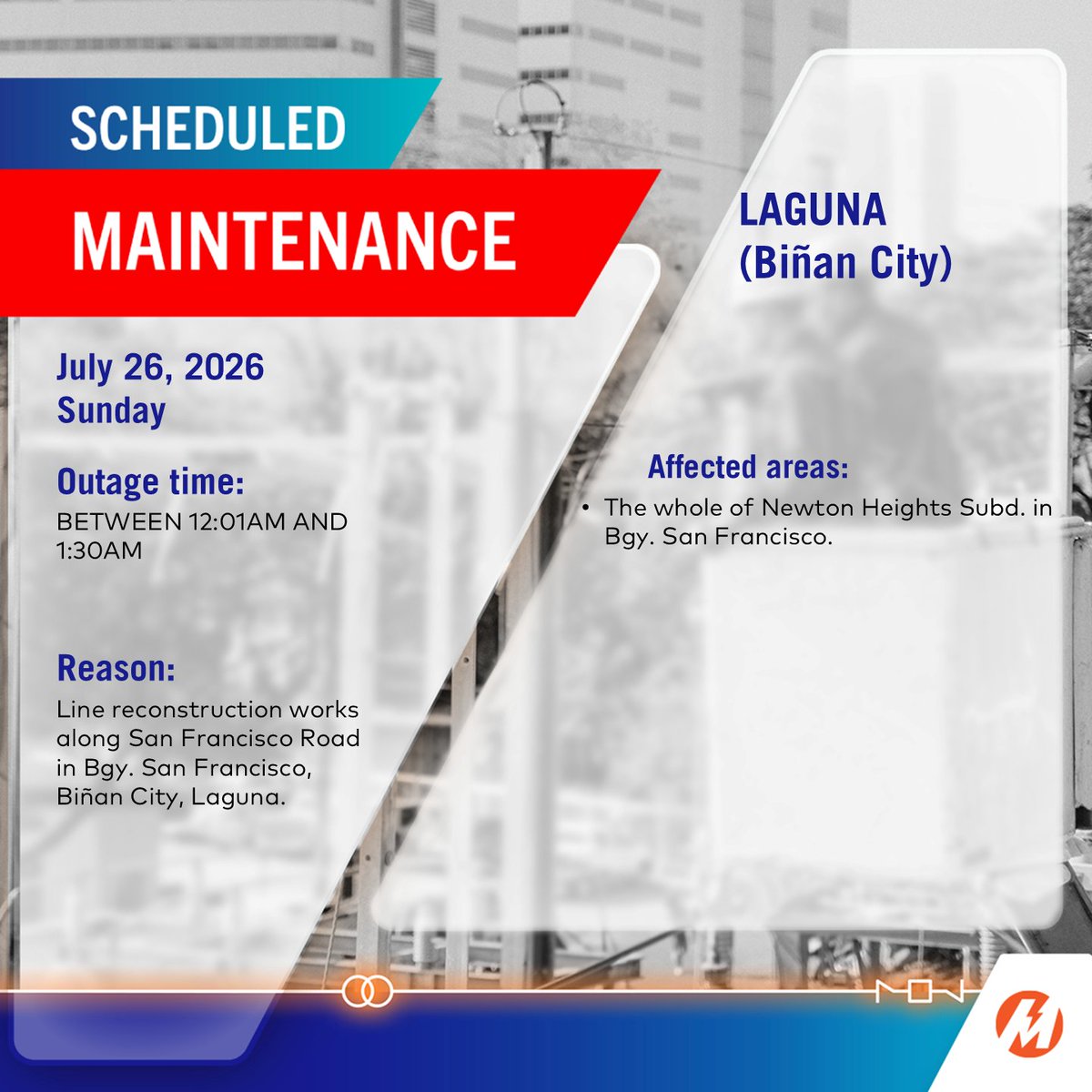 meralco's tweet photo. ADVISORY: May scheduled power interruptions sa ilang areas sa Laguna sa July 26, 2026. More: https://t.co/4jMvKoPt47 https://t.co/M9GdtwqyMC