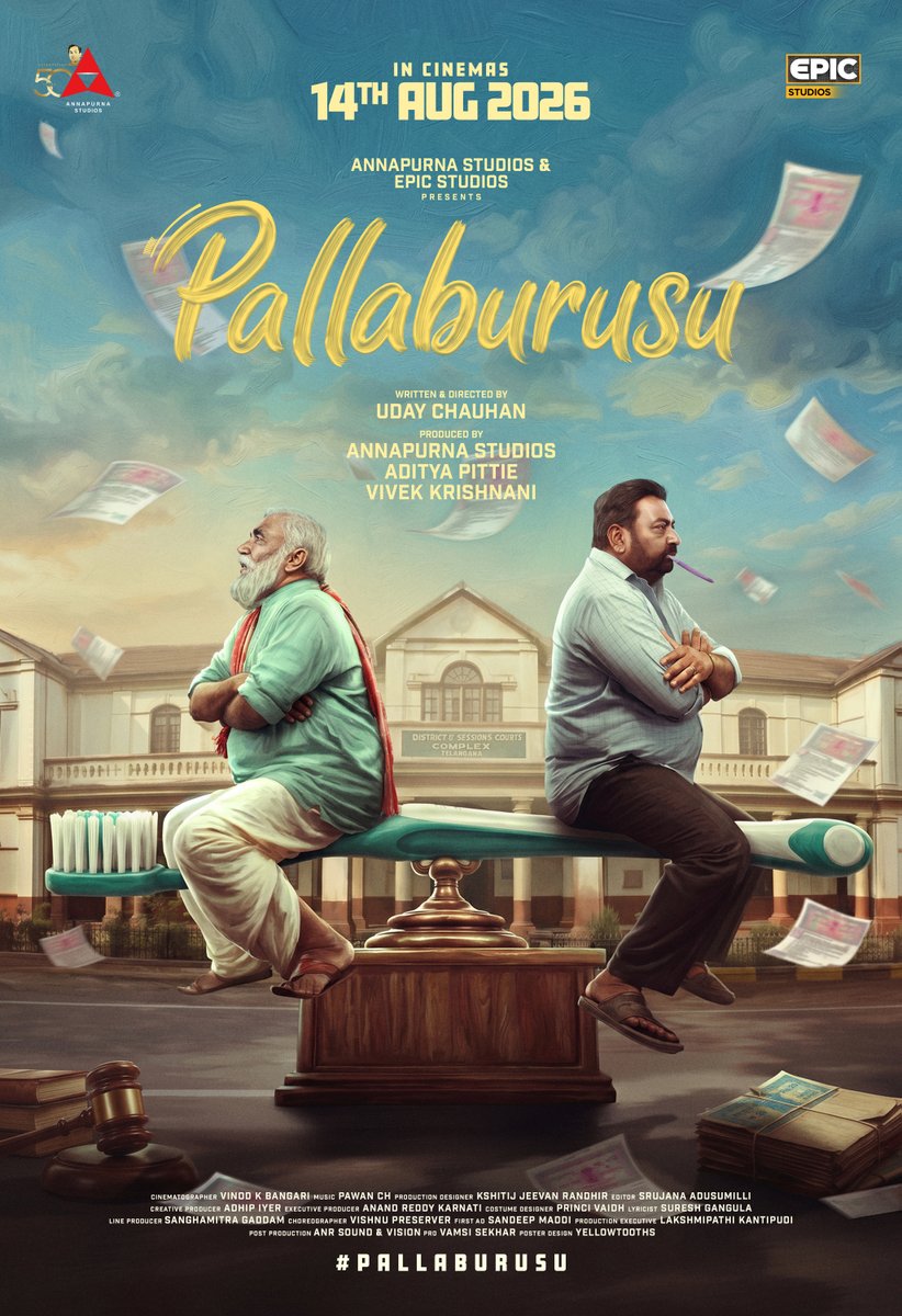 AnnapurnaStdios's tweet photo. What is Pallaburusu????
The questions end here... and the fun begins 😄👌🏻

Presenting the First Look and Title Glimpse of 𝙋𝘼𝙇𝙇𝘼𝘽𝙐𝙍𝙐𝙎𝙐 ⚖️🪥
-- https://t.co/CBcHrf1LtS

Witness a quirky entertainer that promises laughter, chaos & a lot more in Cinemas From AUG 14TH, 2026 📽️🔥

Written and Directed by @dir_udaychauhan ✍🏻
Produced by @AnnapurnaStdios and @EPICStudiosMov ✨️

#Pallaburusu #PallaburusuOnAug14th
#SudhakarReddy #MuralidharGoud @PrajwalYadma @itsGomathy @pawanch19 @Lumbini3011 #Kshitij @srujana_AJ #VishnuPreserver @adityapittie @vivekkrishnani @yellowtooths
