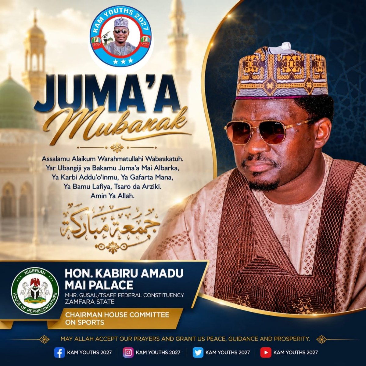 MagawataJr's tweet photo. Juma'at Mubarak  📿
Sir, Hon. @KabiruAmadu_MP  
Allah ya karbi Ibadu ya Biya Dukan Bukatu ya Jiqan Mahaifa ya Kuma Kara Daukaka Daraja 🤲 https://t.co/wCO1ZCdZzX