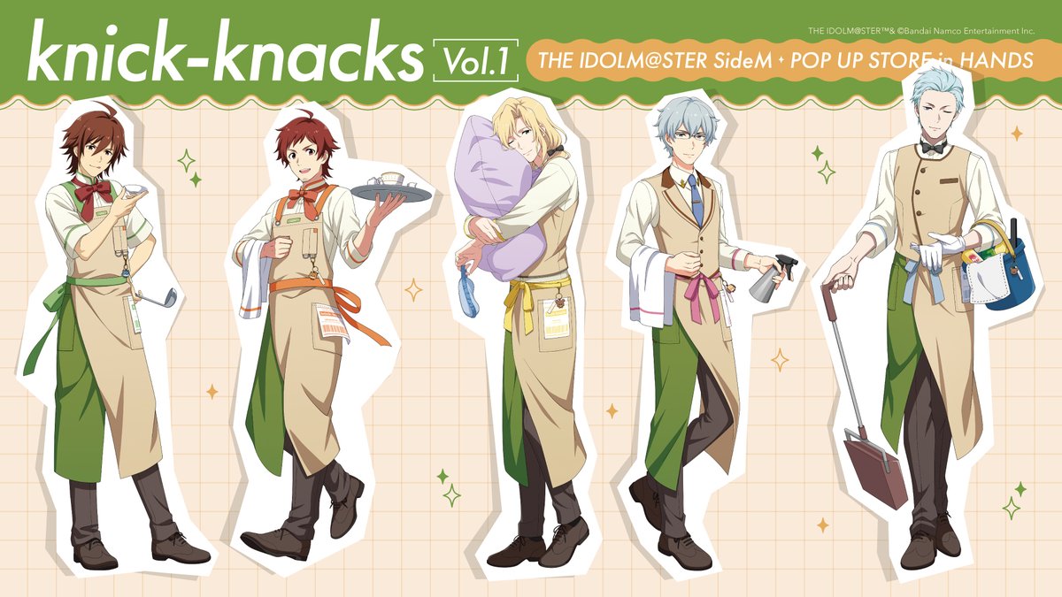 anicloset's tweet photo. 📢 POP UP 開催決定 🎉
アイドルマスター #SideM
knick-knacks Vol.1

ハンズ創業50周年を記念した特別企画として！
8/21(金)より全国15店舗の #ハンズ にてポップアップストアを開催いたします💚

オリジナルエプロン姿のアイドルたちが登場✨
各フロアの店員さんに扮した特別ビジュアルは必見です👀💖

続報は当アカウントで発信予定📢
ぜひフォローしてお待ちください🎶

#ANICLOSET.