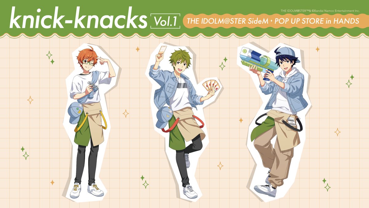 anicloset's tweet photo. 📢 POP UP 開催決定 🎉
アイドルマスター #SideM
knick-knacks Vol.1

ハンズ創業50周年を記念した特別企画として！
8/21(金)より全国15店舗の #ハンズ にてポップアップストアを開催いたします💚

オリジナルエプロン姿のアイドルたちが登場✨
各フロアの店員さんに扮した特別ビジュアルは必見です👀💖

続報は当アカウントで発信予定📢
ぜひフォローしてお待ちください🎶

#ANICLOSET.
