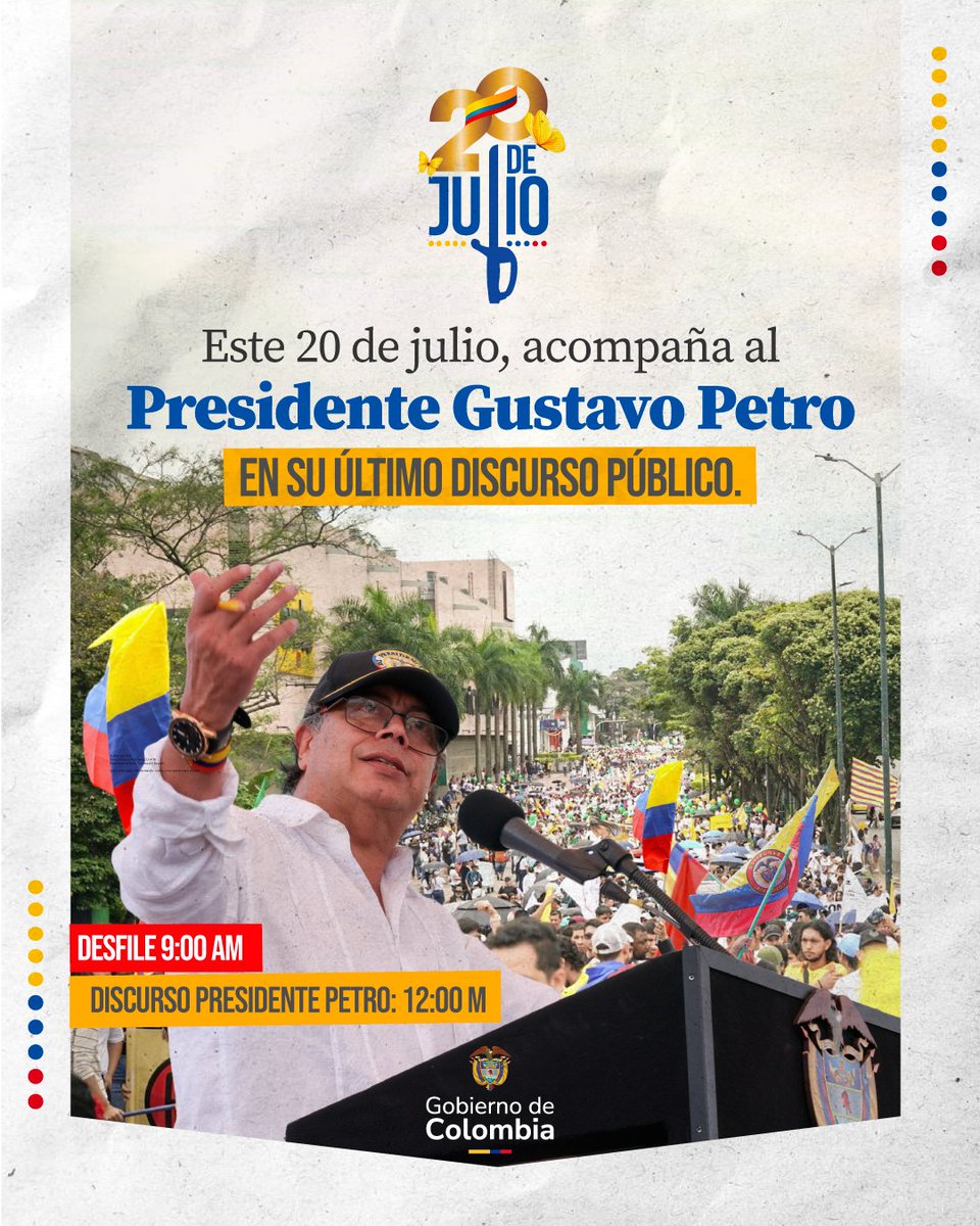 RenovacionCo's tweet photo. 🇨🇴 Este 20 de julio, el Presidente @PetroGustavo pronunciará su último discurso público como jefe de Estado, despidiéndose del pueblo colombiano desde la localidad de Ciudad Bolívar.

Antes, desde las 9:00 a. m., acompañemos el desfile de nuestras Fuerzas Militares y de Policía por el suroccidente de Bogotá.

Vamos a conmemorar el #GritoDeIndependencia y reconocer los avances de las reformas sociales del Gobierno del Presidente Gustavo Petro.

📍 Frente al Centro Comercial Gran Plaza El Ensueño.

#ALasCallesPorLasReformas