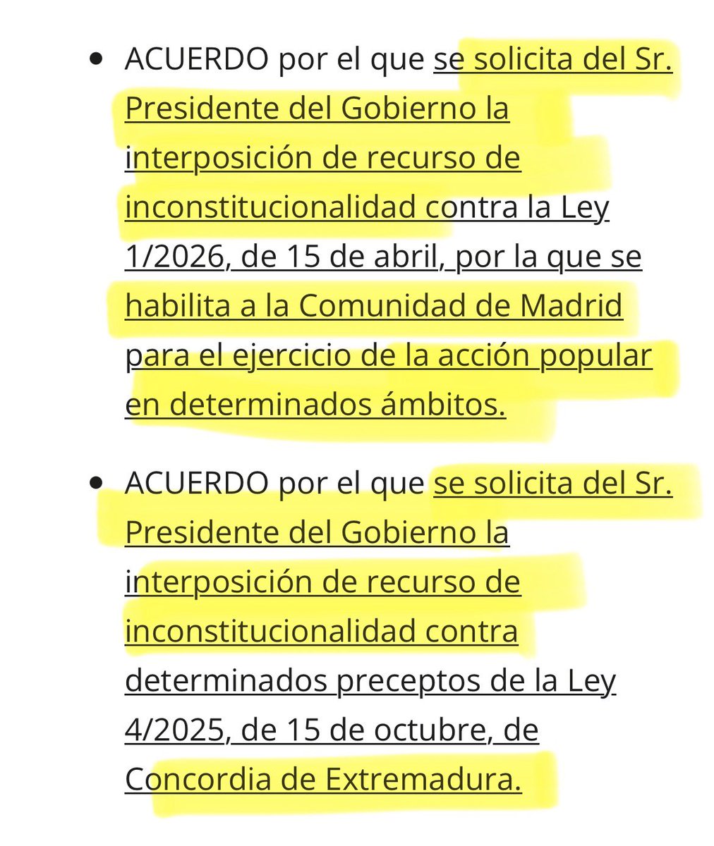 PabloCamPiq's tweet photo. ⭕️ ¿Sabían que el martes pasado se decidió en el Aquellarre Progre (consejo de ministros) que Sánchez presentara 2 recursos de inCE al Tribunal Constitucional (de su amigo) para:

-Que Ayuso no pueda ejercer la acción popular.

-Que se anule la ley de concordia extremeña. https://t.co/nnqhrr8bQs