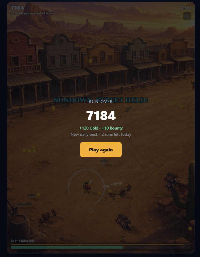 mdclampung45's tweet photo. A new Stampede daily best is on the board: 7,184 points, 381 outlaws driven out of town, 120 Gold, and 10 Bounty secured. Two runs remain, so there is still time to push the score higher and add more strength to The Frontier. https://t.co/rtMTRGG1X1