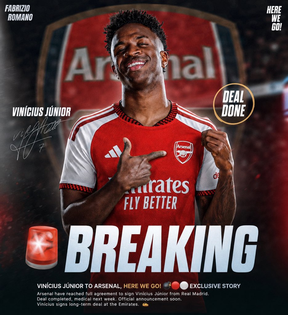 fabrizioarteta's tweet photo. 🚨💣🔴 EXCLUSIVE: Vinícius Júnior to Arsenal HERE WE GO !!🇧🇷✍️
   ✨🌟Agreement reached between   Arsenal and Madrid after days of negotiations. 💰🤑Personal terms agreed, long-term contract, with the player giving the green light to the move

⏳❤️💚VINI ONLY WANTED ARSENAL!! 🧨 https://t.co/OBXMCZXr6G