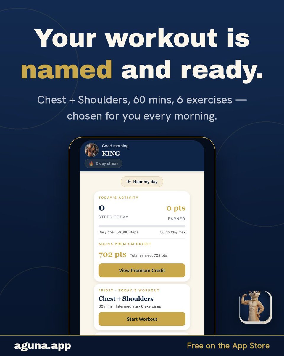useaguna's tweet photo. Open AGUNA and today’s workout is already named — Chest + Shoulders, 60 mins, 6 exercises. Chosen for you every morning. 🔥 #WorkoutApp https://t.co/K6QnyeLZGS