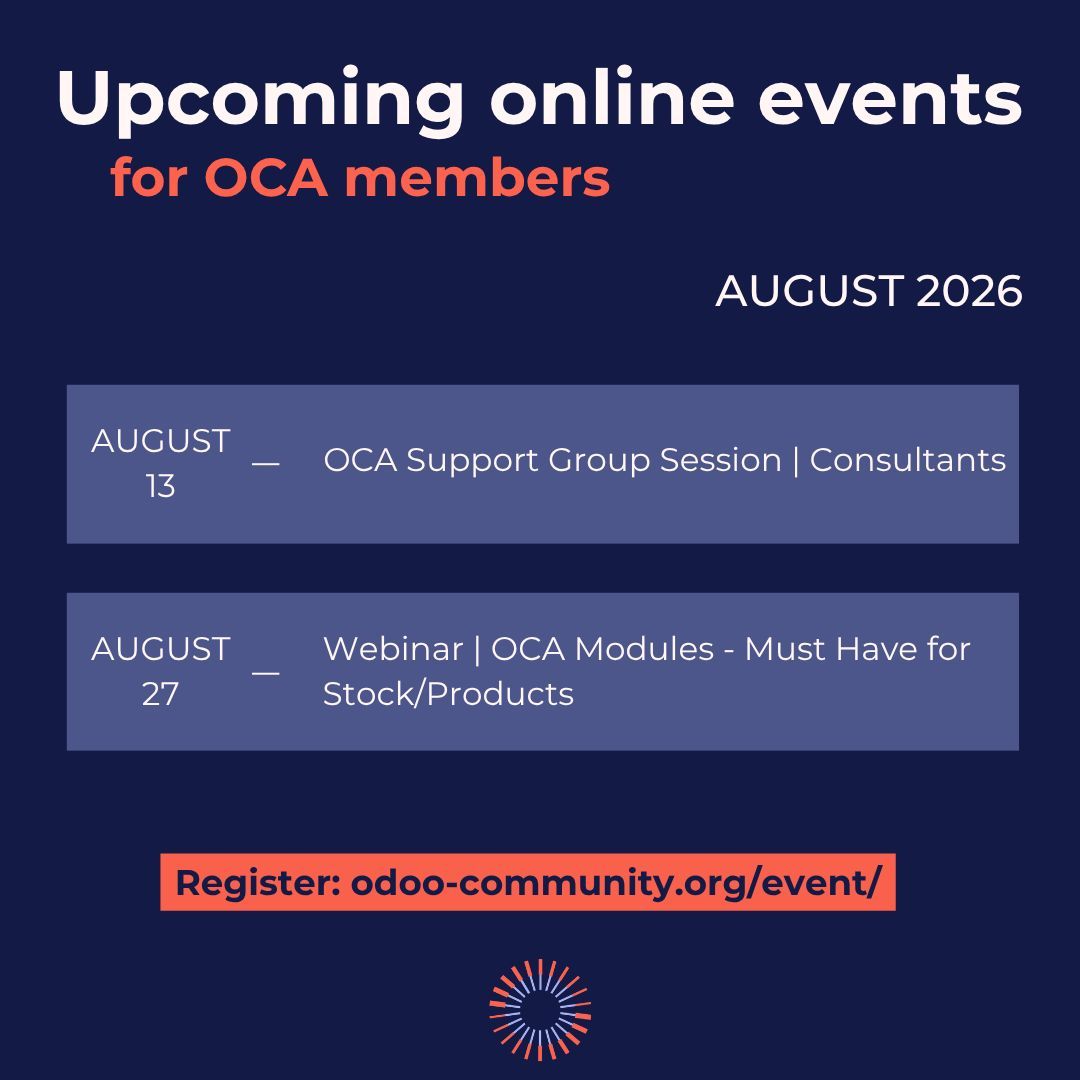 OdooCommunity's tweet photo. AUGUST OCA ONLINE EVENTS
- August 13: OCA Support Group Session - Consultants
- August 27: Webinar | OCA modules - Must have for Stock/Products
ποΈ Registration: https://t.co/dCpuV54A6h
Free for #OCA members
#OdooCommunity #Odoo #Events #Webinar #Support https://t.co/jo9tr1yux9