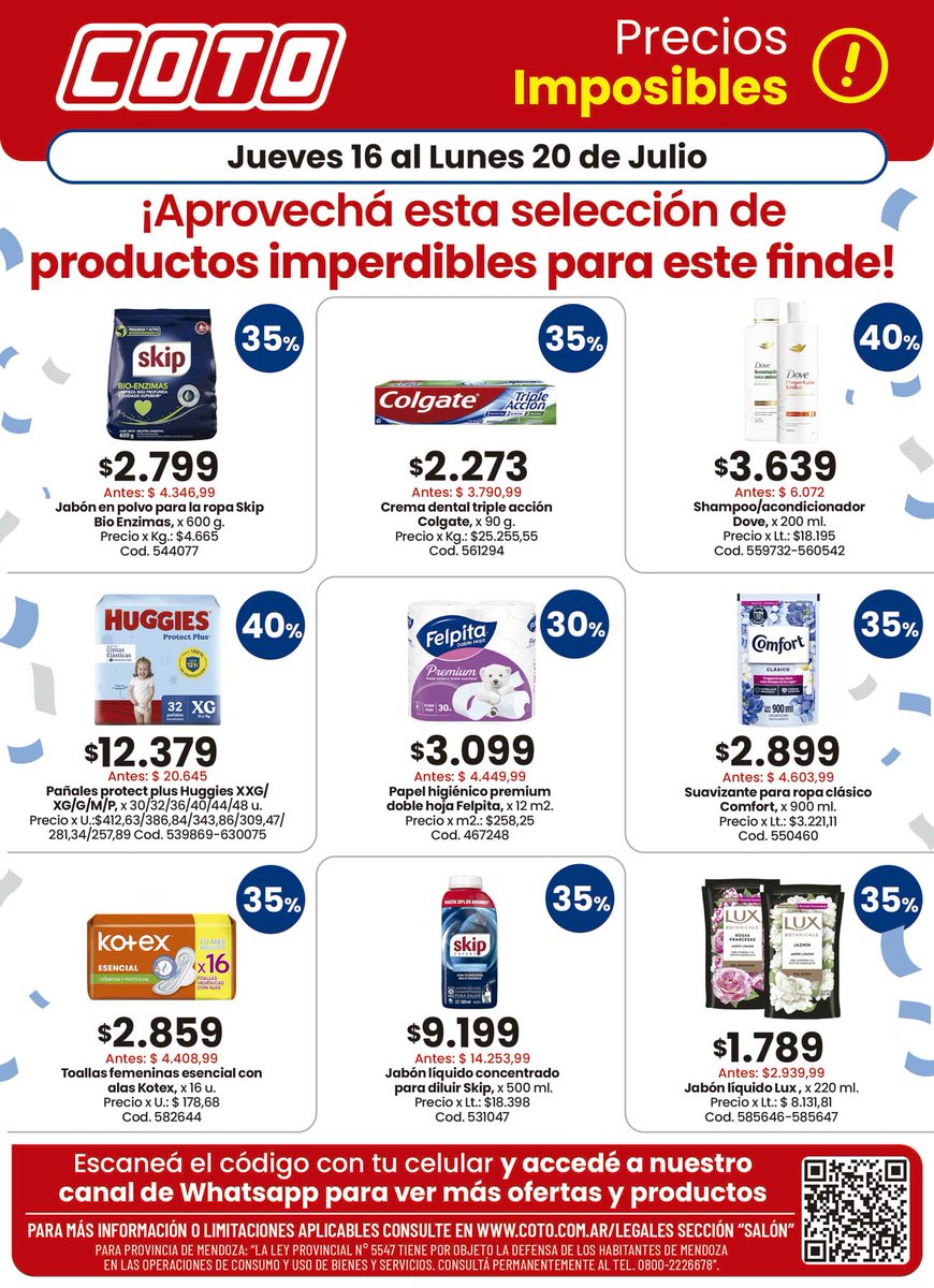 Coto_Ar's tweet photo. ¡Es viernes, pero todos estamos pensando en el domingo! 😉

Aprovechá tus productos de todos los días con descuentos especiales. 🙌

Mirá más en 👉https://t.co/lGKEeBaMYG https://t.co/aKrCMIomlP