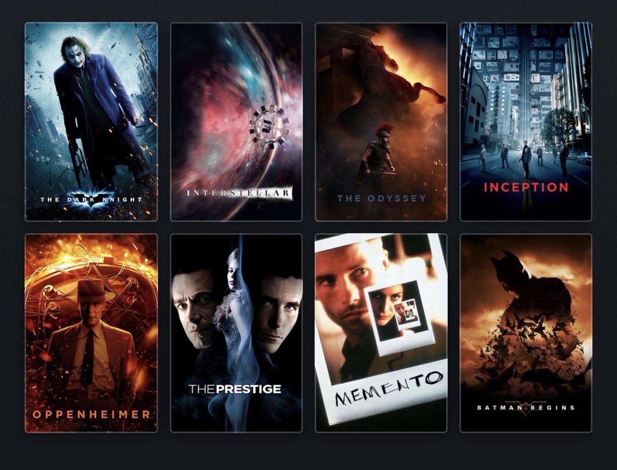 SUBATUBE's tweet photo. @GenePark After watching Odyssey, here’s my top 8 Nolan movies, ranked from L to R. But out of all 8, Inception will always have a special place in my heart. https://t.co/uVEDE0P7O7