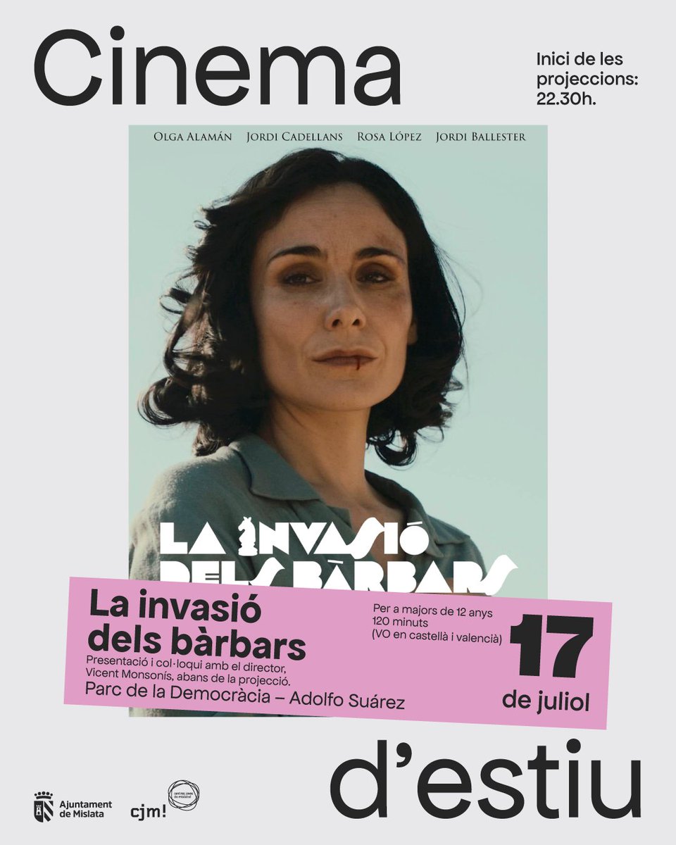 AjMislata's tweet photo. 🎬 CINE DE VERANO 2026     

🍿 HOY, te invitamos a disfrutar de la película "La invasió dels bàrbars"    

🎙️Presentación especial de la película con su director, Vicent Monsonís, antes de la proyección (22h) 🎙️ https://t.co/SCPdYrBpDV