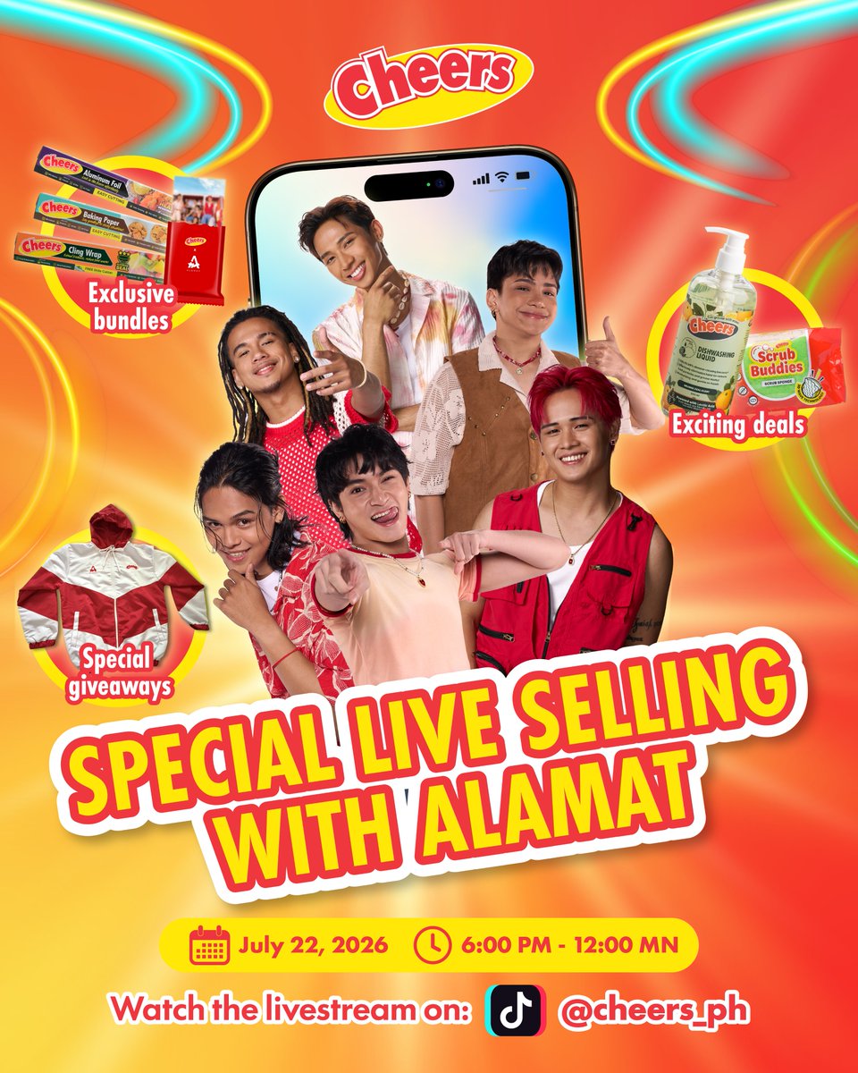 cheers_ph's tweet photo. In just a few days, @Official_ALAMAT will be taking over Cheers' TikTok Live Selling!

Mark your calendars for July 22, 2026 at 6PM and get ready for exclusive deals, exciting giveaways, and plenty of kulitan with the 6inoos 🤎

See you there, Messties and Magiliws! 😉 https://t.co/c7Z8HjPnY4