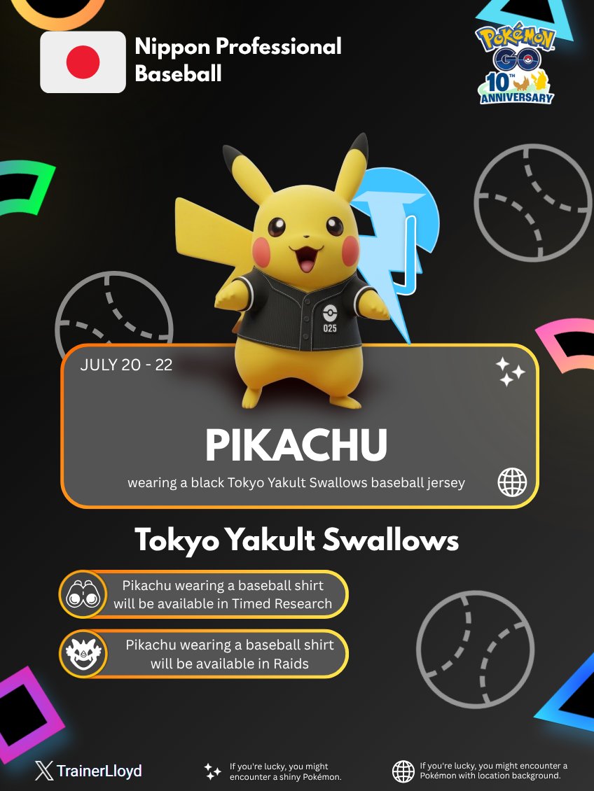 Trainerxlloyd's tweet photo. Batter up! 🏟️ Catch the exclusive Tokyo Yakult Swallows Jersey Pikachu in Pokémon GO from July 20–22! 
Complete local stadium tasks or jump into 1-star raids for a chance at a Shiny or a special location background! ⚾🌐

#PokemonGO #NPB #YakultSwallows #PokemonGOCommunity https://t.co/AesXge2Css