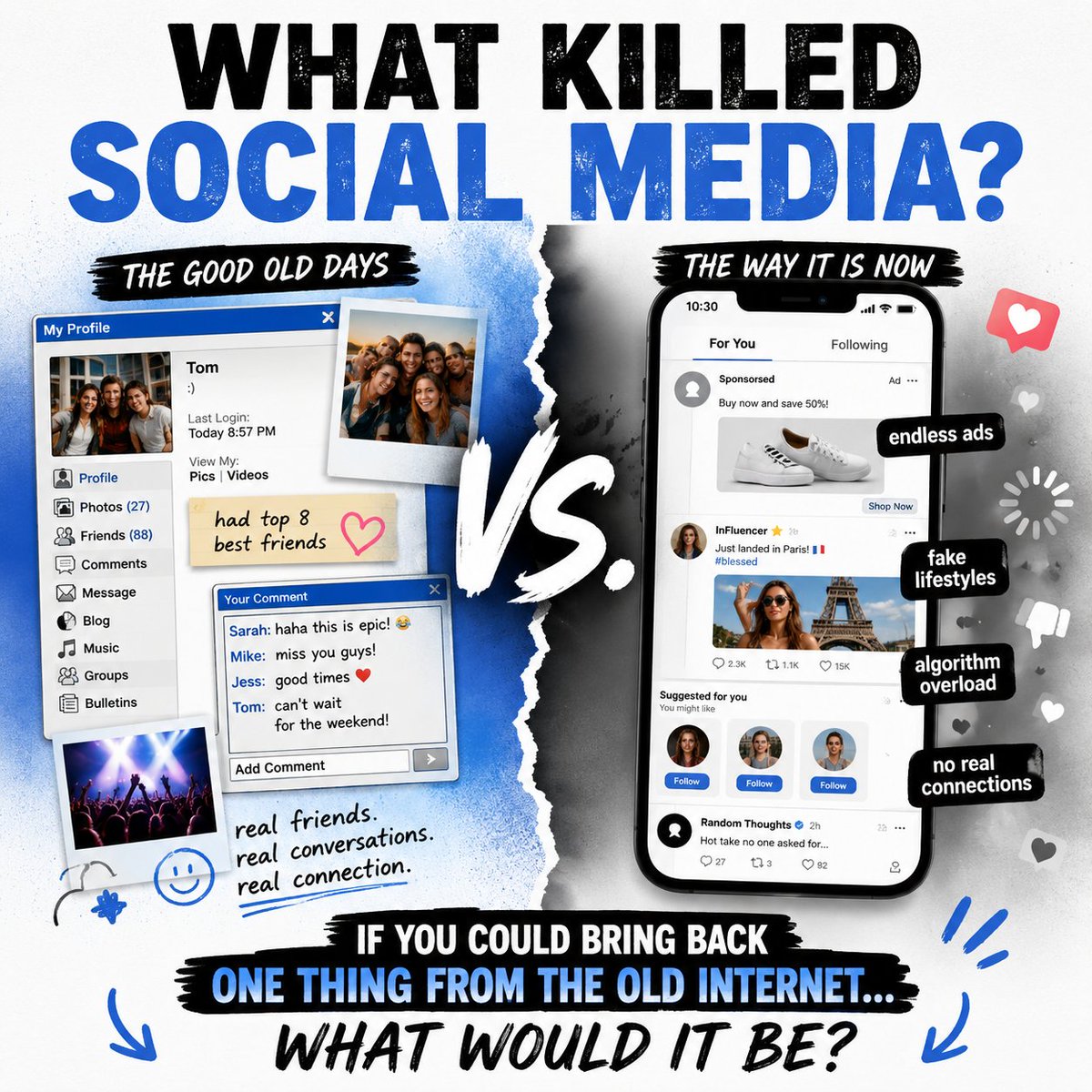pheedsocial's tweet photo. What killed social media?

For me, it was when friends stopped seeing friends.

Everything became algorithms, influencers, and ads.

If you could bring back ONE feature from the old internet, what would it be?

👇

#Pheed #SocialMedia #Myspace https://t.co/9o1GgqsL9E