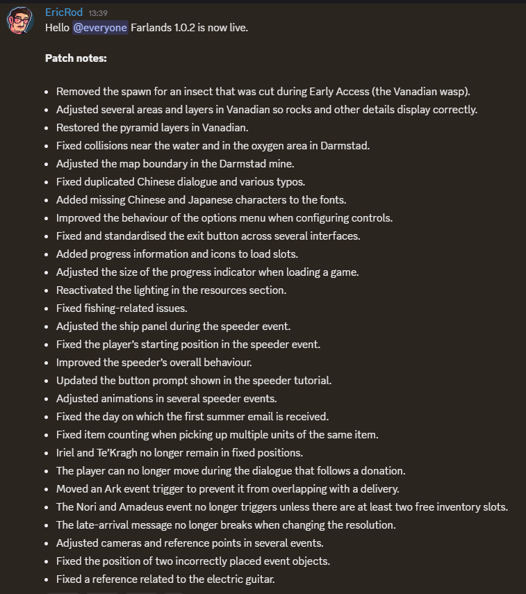 EricRod_LYV's tweet photo. Primer parche de Farlands tras la 1.0, estamos todos currando para arreglar todo lo posible sin romper nada y en la menor cantidad de tiempo posible.

En consolas llegarán más lentos, pero en PC estamos súper atentos a feedback y reportes para mejorar la experiencia de juego. https://t.co/9dPQfKk9xj