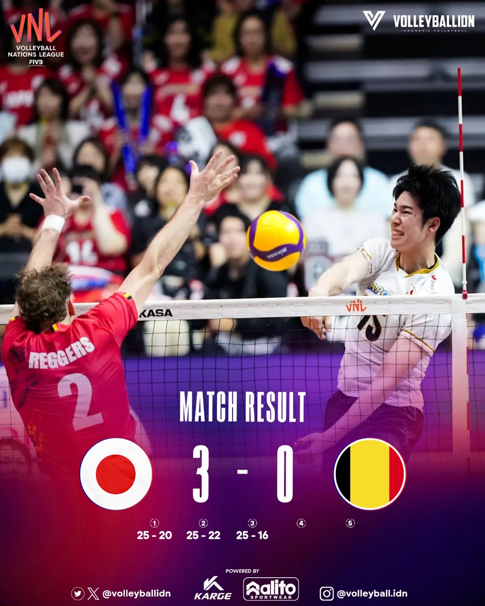volleyballidn's tweet photo. Jepang 🇯🇵 3 - 0 🇧🇪 Belgia

Still UNDEFEATED!
Meski tanpa beberapa pemain utama, tuan rumah Jepang benamkan tim promosi Belgia dalam tiga set langsung dan perpanjang rekor kemenangan menjadi 11 laga. 
No more fullset.
#VNL2026 https://t.co/iFWXTrHKGT