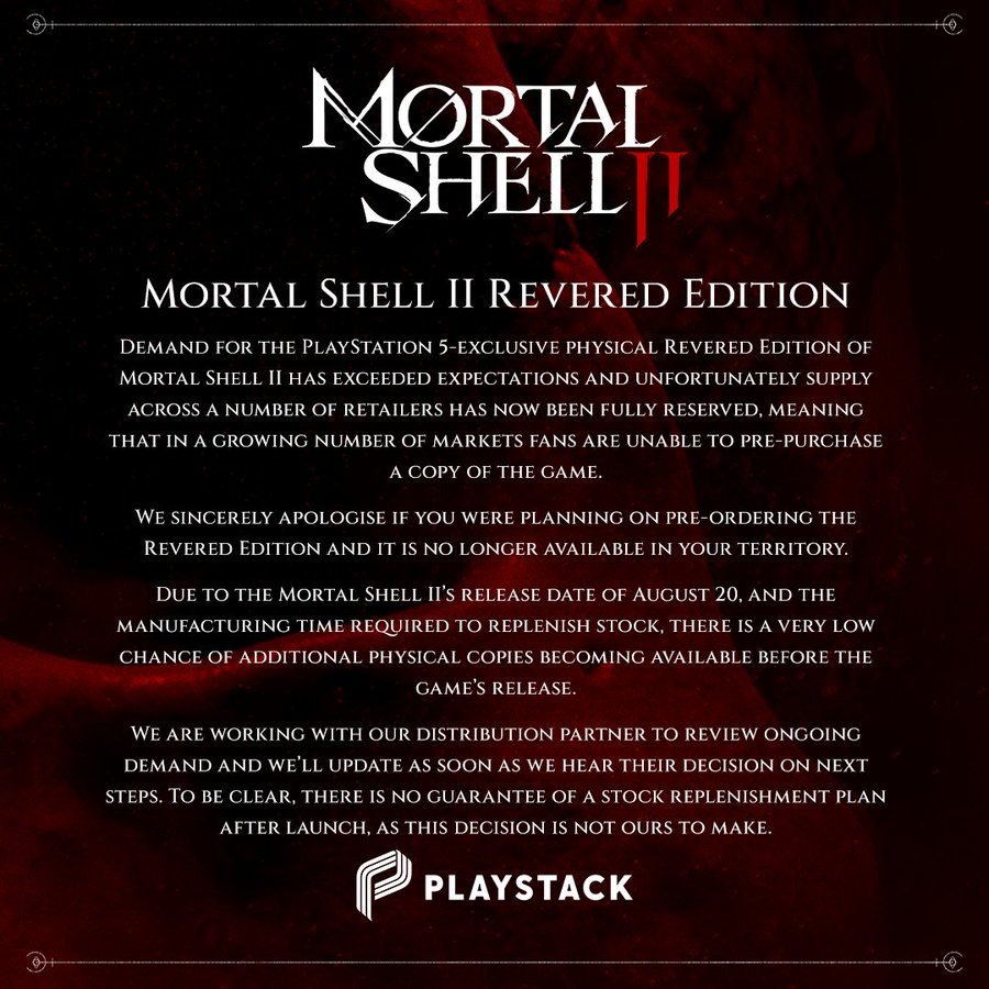 LtBuzzLitebeer's tweet photo. Mortal Shell II PS5 physical edition has exceeded expectations and retailer supply across a number of locations has now been fully reserved.
Who would have thought?  It's almost like gamers like having the option to buy physical...
@PlayStation https://t.co/v4pfOceiU4