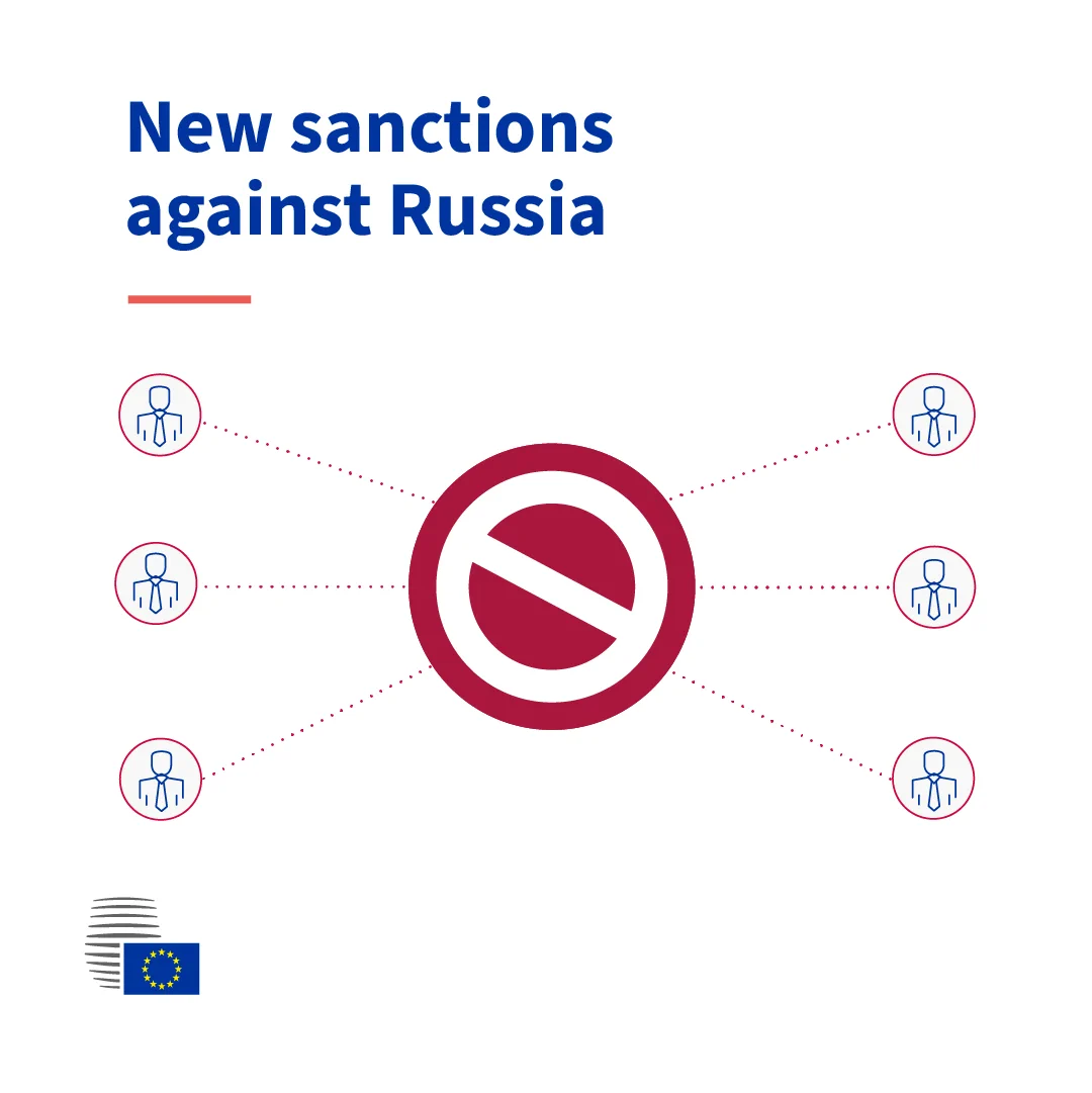 Visual with the heading 'New sanctions against Russia' showing a large red prohibition symbol in the centre, linked by dotted lines to multiple small icons of people. It represents EU sanctions targeting Russian individuals or entities.
