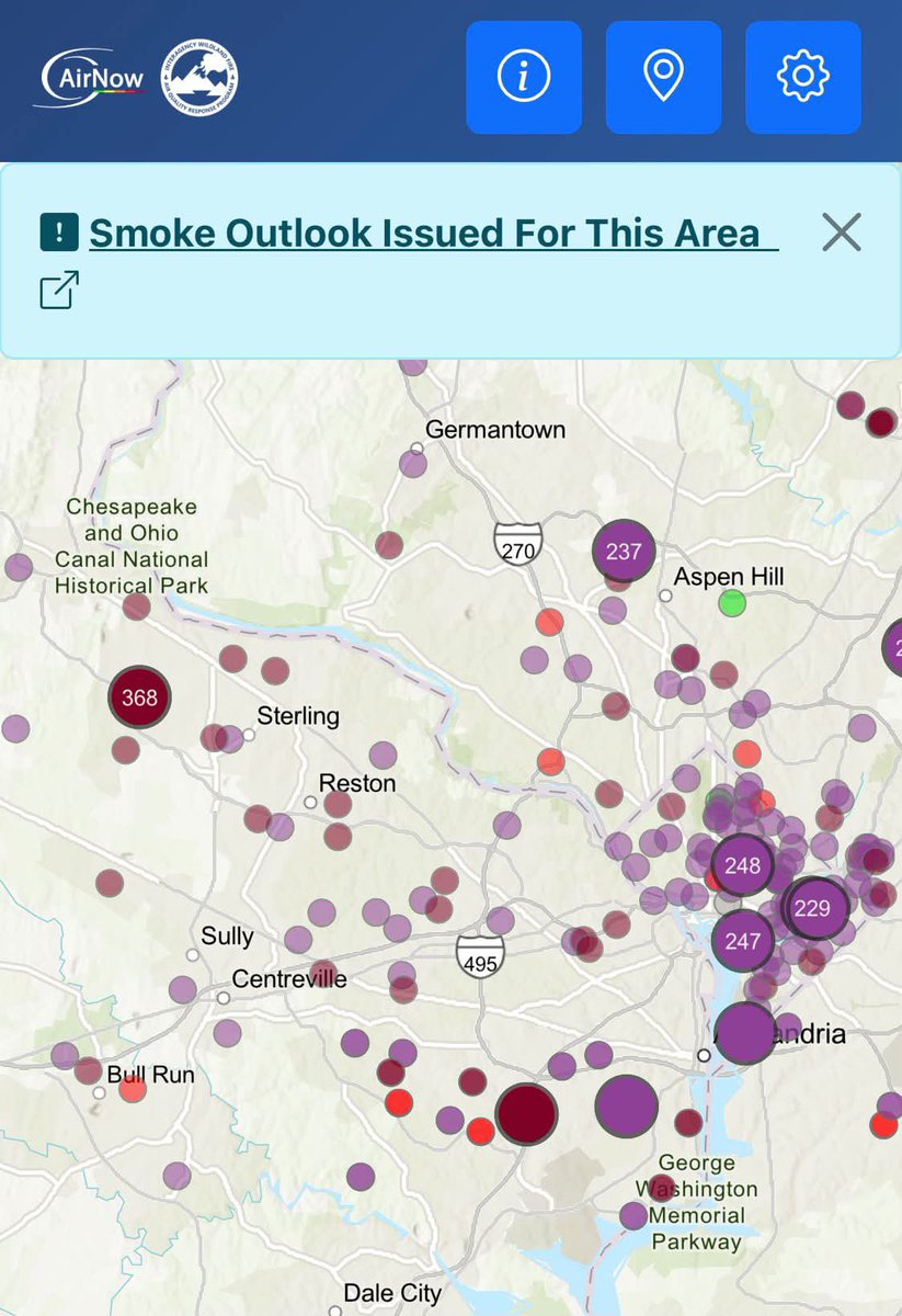 VaDOTNOVA's tweet photo. 🚨Unhealthy to hazardous #AirQuality this morning across Northern Virginia due to smoke from Canadian wildfires. 

Please consider using public transit, rideshare, or working from home if possible.

Find the latest AQI here: https://t.co/539KFelCQY https://t.co/liMDfb69x8