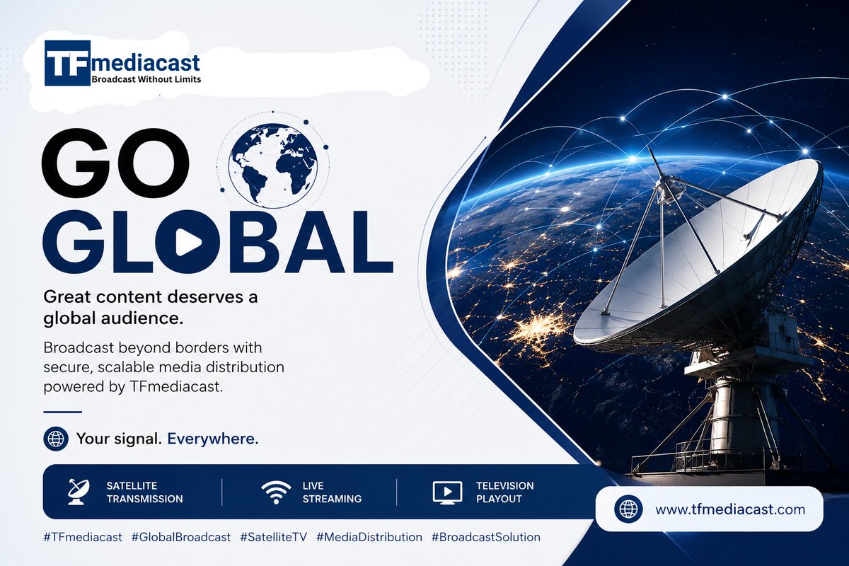 tfmediacast's tweet photo. Go Global
Great content deserves a global audience.
Broadcast beyond borders with secure, scalable media distribution powered by TFmediacast.
Your signal. Everywhere.

#TFmediacast #GlobalBroadcast #SatelliteTV #MediaDistribution #BroadcastSolutions https://t.co/Jn9qoaqGvq