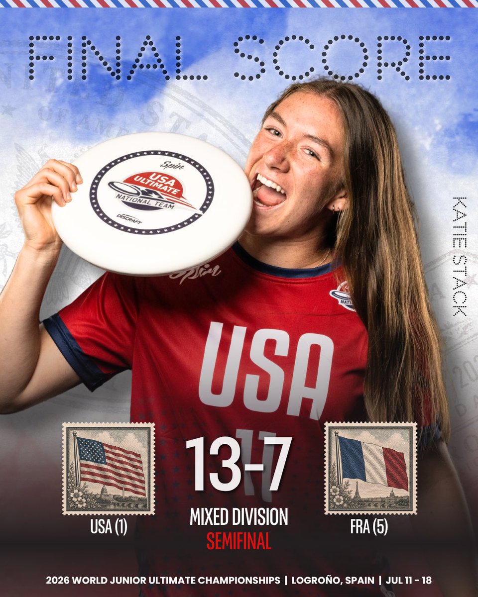 USAUltimate's tweet photo. ADVANCING TO THE GOLD MEDAL GAME 🇺🇸🏆

Team USA takes down France in the semifinal and advances to the mixed division championship match to face either Canada or Switzerland! 

#PullForUS | #USAUltimate https://t.co/6pmcbK4bLI
