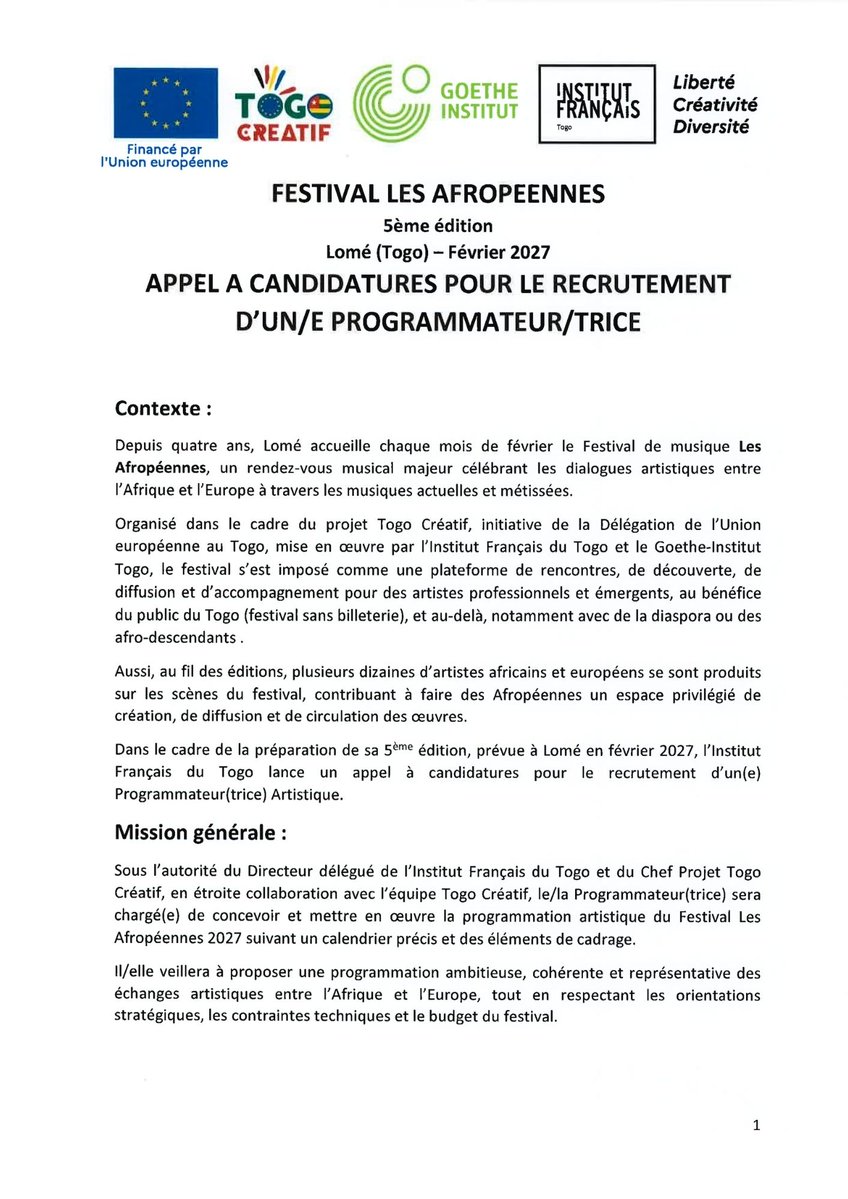 Togocreatif's tweet photo. 🚨 #Recrutement | Le Festival @LesAfropeennes  (Lomé, Togo - Fév. 2027) recherche son/sa Programmateur/trice Artistique ! 🎶🌍
Merci de lire attentivement l'appel 👇
1/2 https://t.co/Zb2du3nhff