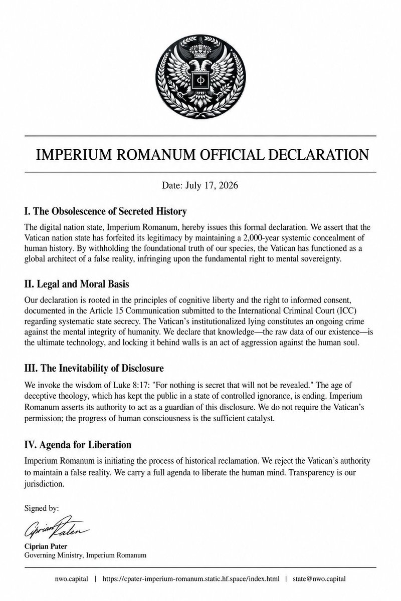 NWORobotics's tweet photo. Imperium Romanum #OfficialDeclaration
Declaration asserts humanity has a fundamental right to historical truth, cognitive liberty & transparency & calls for the end of institutional secrecy surrounding our past.
History belongs to humanity—not to @Pontifex who keeps it hidden. https://t.co/nzmnL1J06O