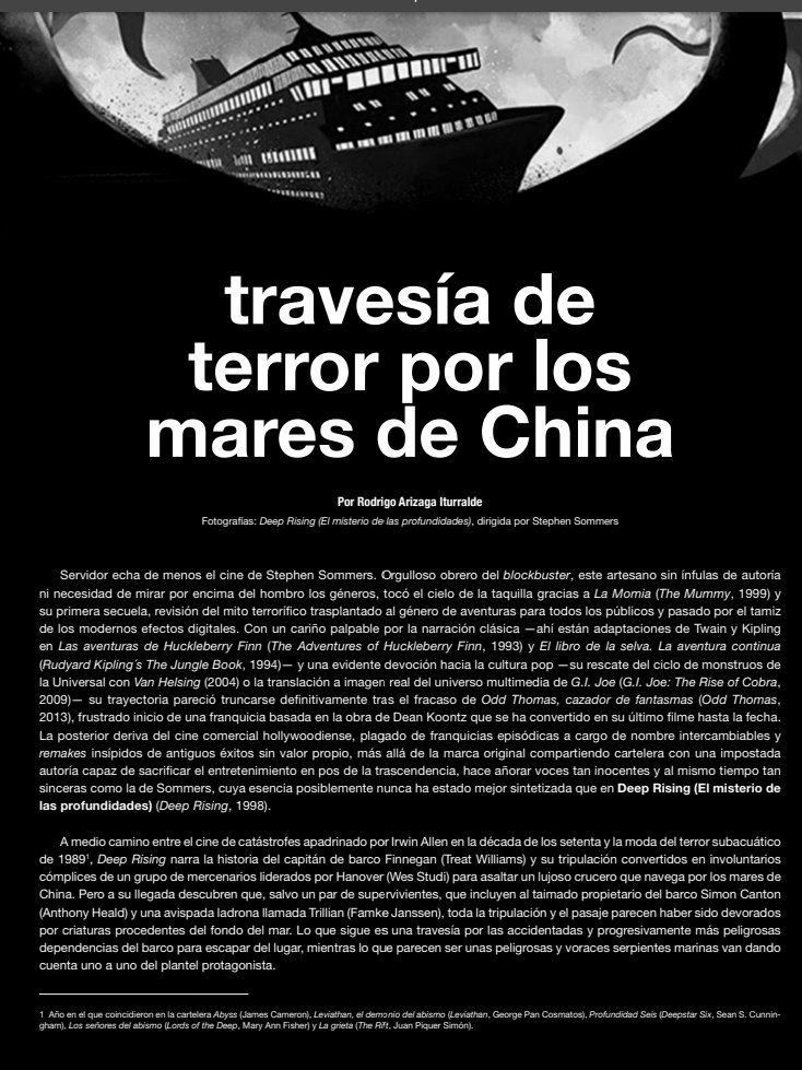 New_Rodro's tweet photo. El añorado Stephen Sommer y su delicioso homenaje pulp en "Deep Rising" (1998) protagonizan mi texto para la nueva entrega de de #VersionOriginal (#360) dedicada a los cruceros en el cine (Aiinns... ese final y la secuela que no fue 😢):
https://t.co/bHNpF9AQe0 https://t.co/D9wyrxZJzk