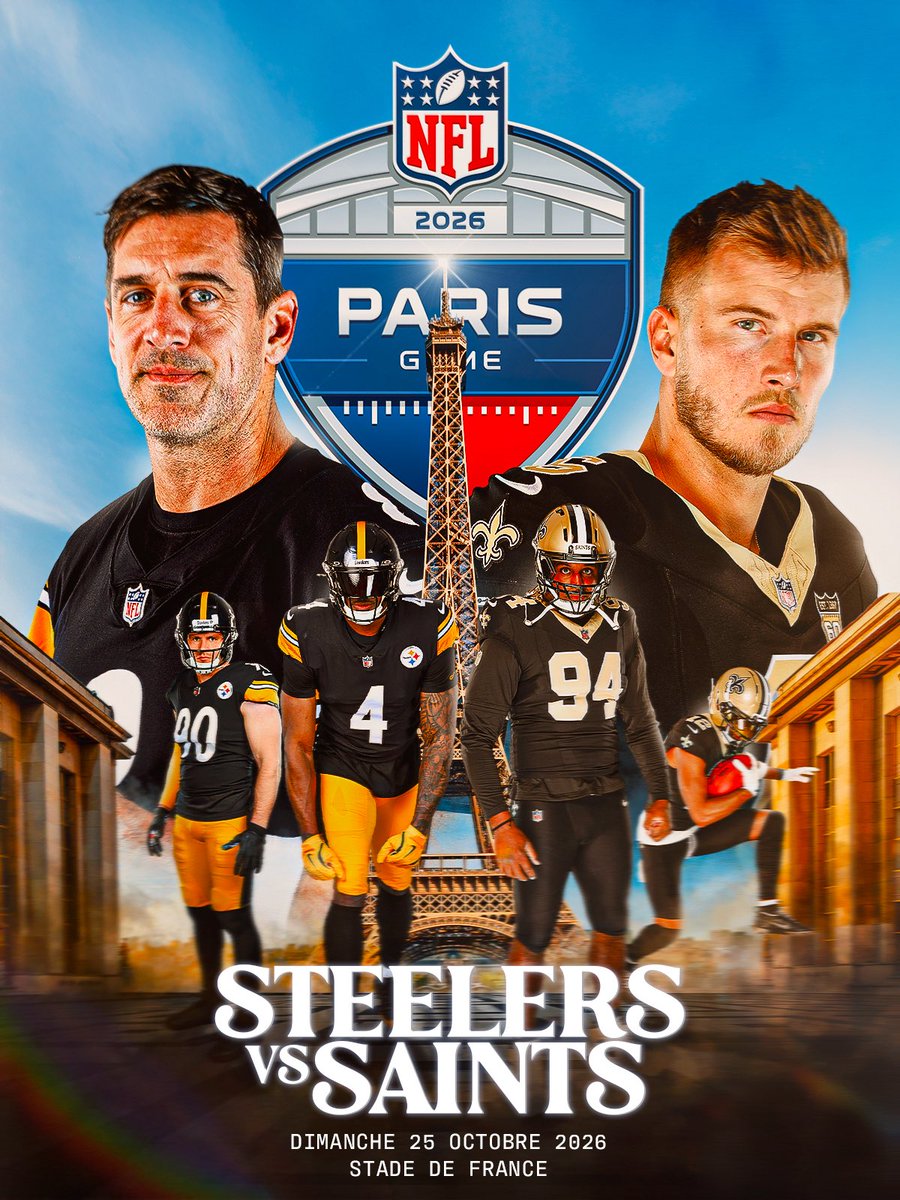 NFLFrance's tweet photo. 🇫🇷 Pittsburgh @steelers. New Orleans @Saints. Deux franchises iconiques. Une rencontre historique.

Vivez le NFL Paris Game 2026, le 25 octobre au @StadeFrance !

🔗 https://t.co/4zwp5kacPi https://t.co/04fEAXvebB