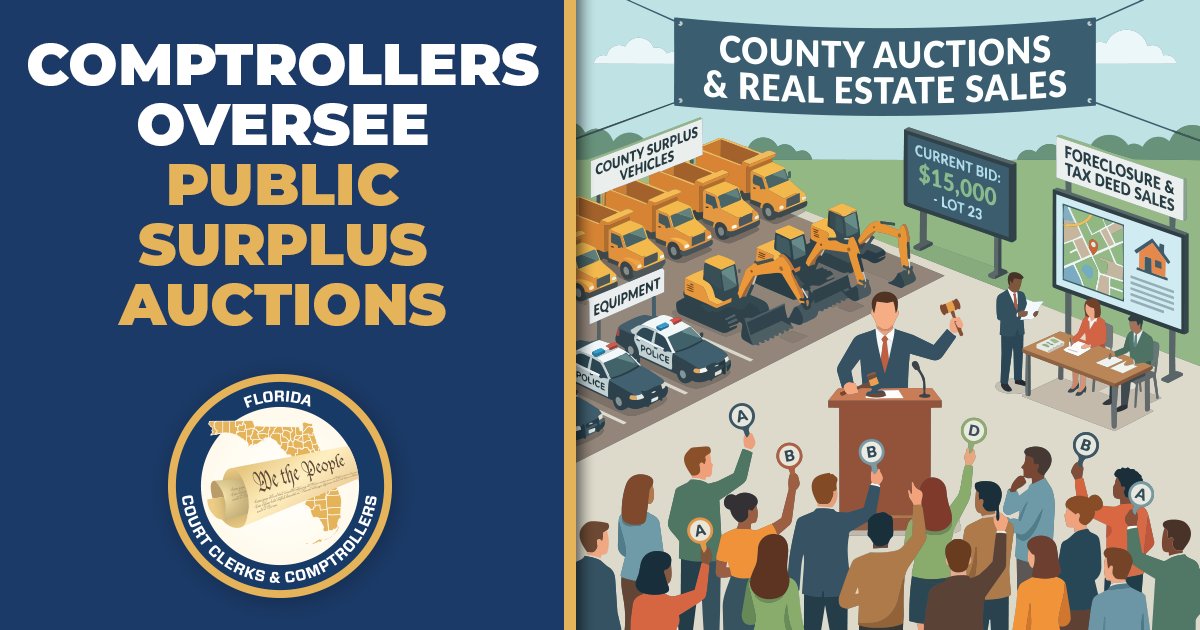 FloridaClerks's tweet photo. In many counties, Comptrollers oversee public surplus auctions, including county vehicles and equipment, managing mortgage foreclosure sale auctions, and tax deed sales.

Check with your local Clerk’s office to learn about upcoming auctions in your area.

#FLClerks  #PublicAuctions #CountyAuctions #SurplusSales #RealEstateAuctions #AuctionUpdates