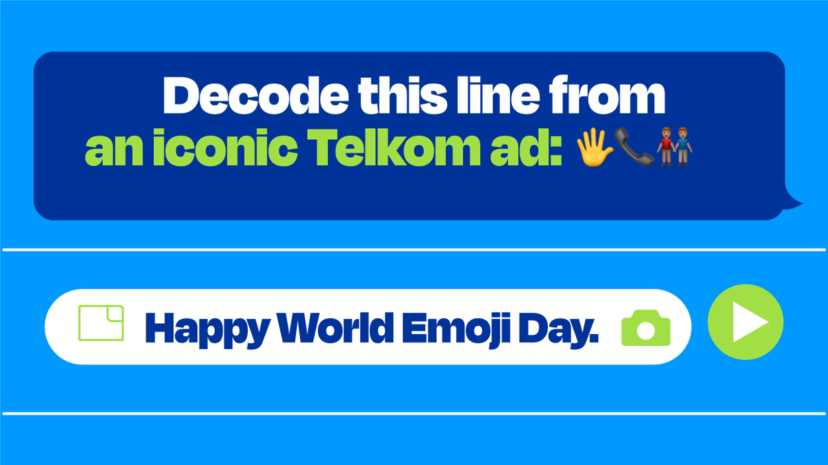 TelkomZA's tweet photo. Ke World Emoji Day so let’s have some fun! Decode this line from an iconic Telkom ad and we could be sending you a R200 takeaway voucher to celebrate World Emoji Day. 💙💚

🖐️📞👨🏼‍🤝‍👨🏿

Hint: The phrase is in isiXhosa!

#TelkomIsIconic #PossibleBeginsHere #WorldEmojiDay https://t.co/rvpezrxWnX