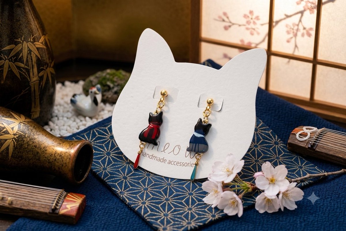 2匹の猫のデザインペアセット作品 和風アートキャット ピアス