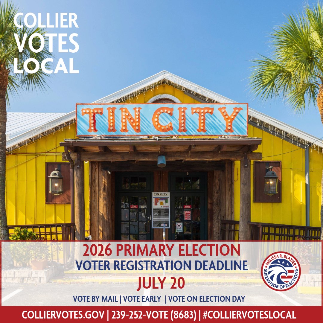 CollierVotes's tweet photo. 📅 Don't miss the July 20 voter registration deadline for the 2026 Primary! Update your info or register now at https://t.co/unkIloqpNj. ✅ Be election ready! #CollierVotesLocal #ElectionReady https://t.co/lbtHhRTFF5